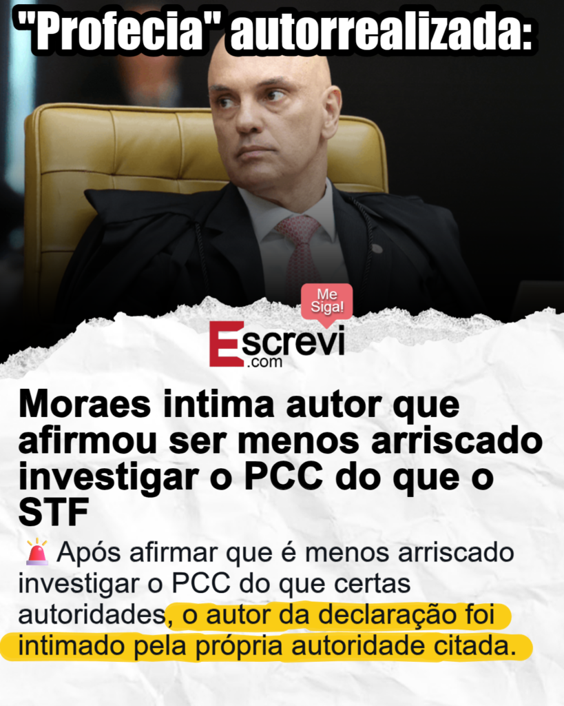 De acordo com informações divulgadas, o ministro Alexandre de Moraes, do Supremo Tribunal Federal (STF), intimou um autor que fez uma declaração polêmica envolvendo a corte. Segundo a publicação, o autor afirmou que investigar o Primeiro Comando da Capital (PCC), uma das maiores organizações criminosas do Brasil, seria menos arriscado do que investigar o STF. Essa declaração gerou repercussão e levou à intimação por parte de Moraes, que é uma das autoridades mencionadas na afirmação. Conforme relatado, a declaração do autor chamou a atenção devido à comparação feita entre o STF e o PCC, sugerindo que a investigação de uma organização criminosa seria menos perigosa do que a investigação de membros do Supremo. Essa comparação foi vista como uma crítica direta ao STF e, especificamente, a algumas de suas autoridades. A intimação feita por Moraes, segundo a fonte, é uma resposta direta a essa declaração, buscando esclarecer as intenções e o contexto em que a afirmação foi feita. Ainda segundo a publicação, a intimação do autor pela autoridade citada destaca a sensibilidade do tema e a importância de proteger a integridade das instituições judiciais no Brasil. O caso levanta questões sobre a liberdade de expressão e os limites das críticas às instituições públicas, especialmente quando envolvem comparações com organizações criminosas. A ação de Moraes, conforme relatado, reflete a postura do STF em relação a declarações que possam afetar a imagem e a segurança de seus membros, enfatizando a necessidade de um debate responsável e fundamentado sobre o papel das instituições no país.