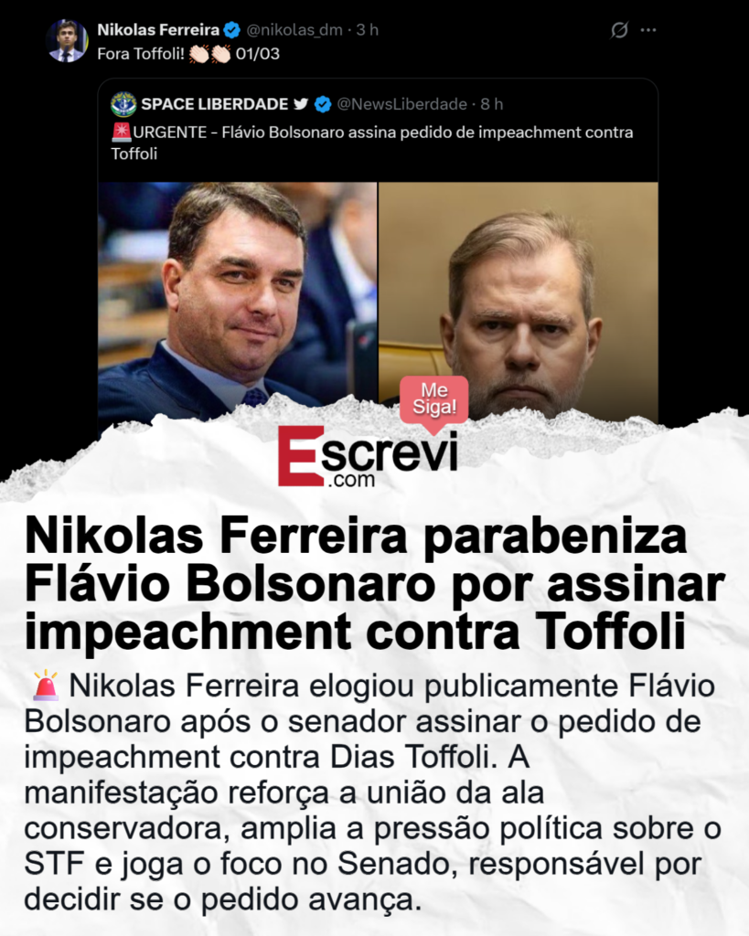 Segundo informações divulgadas, o deputado federal Nikolas Ferreira manifestou publicamente seu apoio ao senador Flávio Bolsonaro após este ter assinado um pedido de impeachment contra o ministro do Supremo Tribunal Federal (STF), Dias Toffoli. De acordo com a publicação, a ação de Flávio Bolsonaro foi vista como um movimento significativo dentro da ala conservadora, que busca aumentar a pressão política sobre o STF. A manifestação de apoio de Nikolas Ferreira, conforme relatado, destaca a coesão entre os membros dessa ala, que têm se mostrado críticos em relação a algumas decisões do Supremo. Ainda segundo a mesma fonte, a assinatura do pedido de impeachment por Flávio Bolsonaro coloca o Senado em uma posição central no desenrolar dos acontecimentos, uma vez que é a casa legislativa responsável por decidir se o pedido terá prosseguimento. De acordo com a publicação, o apoio de Nikolas Ferreira ao senador pode ser interpretado como um esforço para fortalecer a base conservadora no Congresso Nacional, visando influenciar a decisão dos senadores sobre o avanço do pedido de impeachment. A pressão sobre o STF, conforme apontado, tem sido uma estratégia recorrente entre os grupos conservadores, que buscam limitar o que consideram ser excessos do Judiciário. Conforme relatado, a movimentação política em torno do pedido de impeachment contra Dias Toffoli reflete um momento de tensão entre os poderes Legislativo e Judiciário no Brasil. De acordo com a publicação, a união entre figuras como Nikolas Ferreira e Flávio Bolsonaro pode sinalizar uma tentativa de consolidar uma frente conservadora mais robusta no cenário político nacional. A decisão do Senado sobre o pedido de impeachment, segundo a fonte, será um teste importante para medir a influência dessa ala conservadora e sua capacidade de mobilização dentro do Congresso.