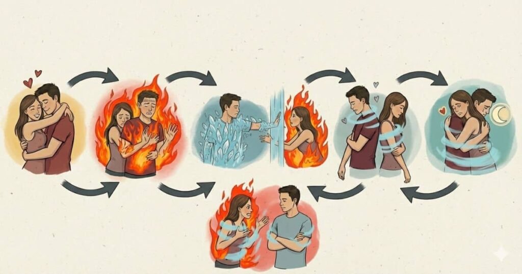 O que é o ciclo emocional que pode destruir seu relacionamento? O ciclo emocional envolve a dinâmica entre apego ansioso e evitativo. Duas pessoas que se amam, mas falam "idiomas emocionais" diferentes, gerando um ciclo de aproximação e afastamento que desgasta a relação. Como o apego ansioso afeta o relacionamento? O apego ansioso busca proximidade constante para se sentir seguro. Quando essa proximidade diminui, a ansiedade aumenta, levando a tentativas intensas de reconexão, o que pode sufocar o parceiro. Por que o apego evitativo se afasta em um relacionamento? O apego evitativo associa segurança à autonomia. Quando sente que a relação exige proximidade excessiva, ativa um mecanismo de proteção: o afastamento, para manter seu equilíbrio interno. Como esses estilos de apego se formam? Esses estilos de apego se formam na infância, a partir das experiências de vínculo com figuras de cuidado. O ansioso aprendeu a insistir para manter o amor; o evitativo, que depender emocionalmente pode ser arriscado. Por que o ciclo entre ansioso e evitativo é tão comum? É comum porque cada um ativa algo familiar no outro. O ansioso encontra alguém emocionalmente indisponível, reforçando seu padrão de "preciso fazer mais para ser amado". O evitativo teme perder autonomia. Qual o impacto desse ciclo no relacionamento? O ciclo automático faz com que ambos reajam com base em seus medos, não no que o parceiro realmente sente. Isso alimenta a insegurança mútua, desgastando a relação e gerando sofrimento. Como quebrar o ciclo emocional destrutivo? O primeiro passo é reconhecer o padrão sem transformar o parceiro em vilão. Enxergar o medo por trás do comportamento e agir com consciência, em vez de reatividade, pode enfraquecer o ciclo. Por que é importante não culpar o parceiro? Culpar o parceiro só reforça o ciclo de defesa e insegurança. Reconhecer o padrão e dialogar com clareza abre espaço para um vínculo mais seguro e maduro, fortalecendo a relação. Como transformar o ciclo em crescimento mútuo? Assumindo responsabilidade pelo próprio processo emocional, o casal pode transformar a dinâmica intensa em um espaço de crescimento mútuo, construindo um relacionamento mais estável. Qual o papel do diálogo na superação do ciclo? O diálogo substitui a defesa e o medo por clareza e compreensão. Quando o casal comunica suas necessidades e medos, o ciclo perde força e a relação se torna mais consciente e segura. Como a compreensão dos padrões emocionais fortalece a relação? Compreender os padrões emocionais permite que o casal saia da reatividade automática, promovendo um vínculo mais seguro e maduro, onde o amor não é sufocado por inseguranças. Por que reconhecer o padrão não enfraquece a relação? Reconhecer o padrão abre caminho para um vínculo mais seguro e estável. Em vez de enfraquecer, fortalece a relação ao promover crescimento e compreensão mútua. Como a dinâmica entre apego ansioso e evitativo pode ser positiva? Quando ambos assumem responsabilidade por suas emoções, a dinâmica pode se tornar um espaço de crescimento, permitindo que o relacionamento evolua de forma saudável e consciente.