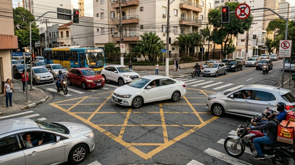 O que acontece quando um motorista bloqueia um cruzamento? 🚗 Quando um motorista entra em um cruzamento sem ter para onde ir, ele bloqueia a via transversal, prejudicando o fluxo do trânsito. Essa ação é considerada uma infração pelo Código de Trânsito Brasileiro (CTB). Quais são as penalidades para quem bloqueia cruzamentos? As penalidades incluem pontos na CNH e multas. A infração pode ser classificada como média ou grave, dependendo da situação e da regulamentação local. Por que é importante não avançar no sinal verde sem espaço à frente? Avançar sem espaço pode obstruir o trânsito e causar congestionamentos. O CTB exige que o motorista garanta a liberação total do cruzamento antes de entrar. Como evitar infrações ao se aproximar de um cruzamento? O motorista deve verificar se há espaço suficiente para atravessar completamente. Mesmo com o sinal verde, é prudente aguardar se a saída estiver bloqueada. O que são as "caixas amarelas" nos cruzamentos? As caixas amarelas são marcações no pavimento que indicam áreas que devem permanecer livres. Elas ajudam a garantir que o fluxo de trânsito não seja interrompido. Qual é a conduta recomendada para motoristas em cruzamentos? Aguardar antes do cruzamento até que haja espaço para passagem completa é a conduta correta. Isso ajuda a manter a fluidez do trânsito e evita multas. Como a obstrução de cruzamentos afeta a mobilidade urbana? Bloquear cruzamentos compromete o fluxo de veículos e pedestres, além de afetar a sincronização semafórica, aumentando o risco de acidentes e congestionamentos.