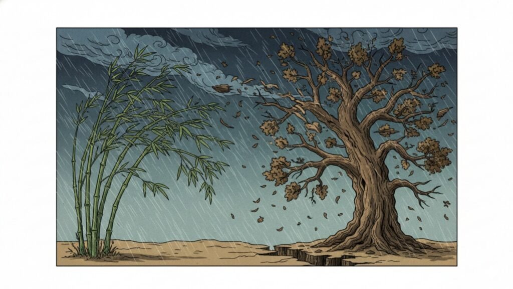 O que simboliza o provérbio chinês sobre o bambu e o carvalho? 🌿 O bambu representa flexibilidade e adaptação, enquanto o carvalho simboliza rigidez. A metáfora sugere que a capacidade de se ajustar às circunstâncias é uma forma de força. Como a flexibilidade pode ser uma vantagem no comportamento humano? Pessoas flexíveis revisam opiniões e mudam estratégias, mantendo o objetivo central. Isso permite reagir a imprevistos sem perder o foco. Por que a rigidez pode ser prejudicial em situações adversas? A rigidez pode levar a rupturas em situações de estresse, enquanto a flexibilidade ajuda a redistribuir tarefas e ajustar expectativas, evitando desgastes maiores. Como essa metáfora se aplica a diferentes contextos da vida? Em trabalho, estudo ou relações, a flexibilidade permite adaptação a mudanças rápidas, como as tecnológicas, preservando o essencial sem abrir mão de princípios. Qual é a importância de diferenciar entre ceder e manter princípios? A metáfora destaca a importância de ajustar o que é possível sem comprometer princípios ou direitos, garantindo integridade e escolhas conscientes. Como transformar a ideia do bambu em ação prática? Adotar um processo de análise de contexto e prioridades ajuda a decidir quando se curvar e quando manter a posição, promovendo uma adaptação organizada e consciente.