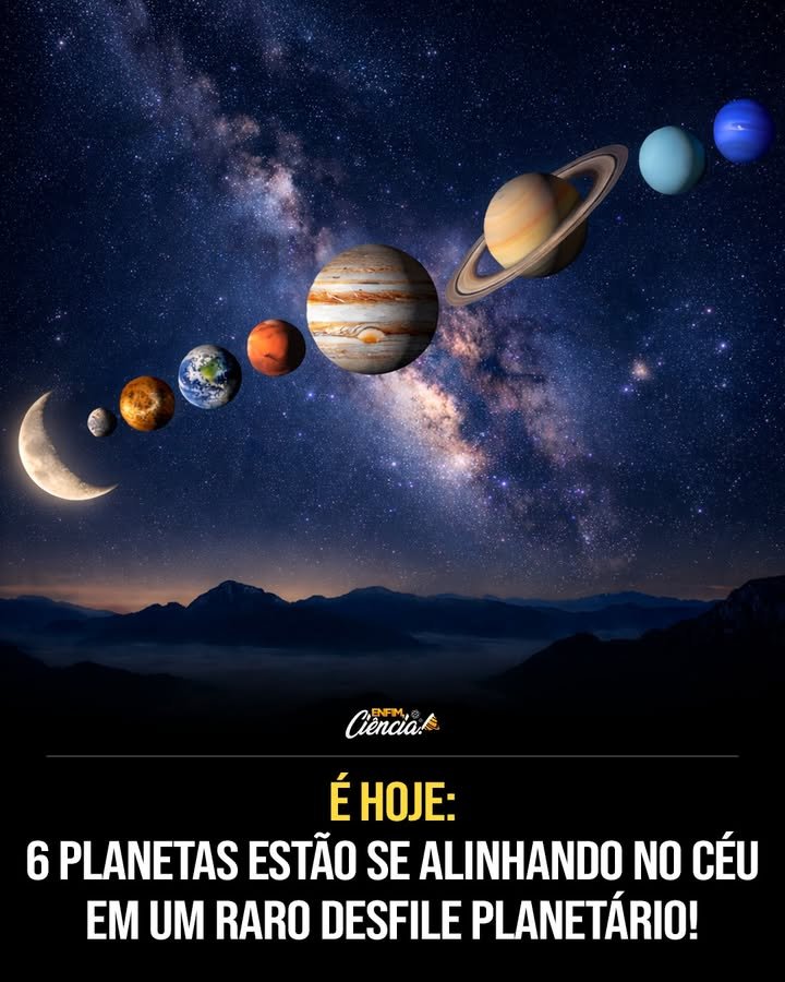 Hoje à noite, o céu vai oferecer uma cena rara que não deve se repetir tão cedo. O que torna esse momento tão especial? A possibilidade de ver **seis planetas** aparecendo ao mesmo tempo, em uma mesma faixa do céu, logo depois do pôr do sol. Mas eles estarão realmente alinhados, como em uma fila perfeita? Não exatamente. A **NASA** chama esse evento de **“desfile planetário”** porque, vistos da Terra, os planetas parecem distribuídos em uma grande curva no céu, como se estivessem **enfileirados**. Não é uma linha reta, e justamente por isso a observação depende de atenção e do momento certo. Quando olhar para o céu? A janela é curta. Você terá cerca de **30 minutos após o pôr do sol** para observar o fenômeno com mais facilidade. Existe um intervalo mais indicado? Sim: o melhor horário fica entre **30 e 60 minutos após o pôr do sol**, olhando na direção **oeste**. Quais planetas devem chamar atenção primeiro? Os mais fáceis de identificar são **Vênus** e **Júpiter**. Por quê? Porque brilham intensamente e podem ser vistos **a olho nu**, inclusive em áreas urbanas. Para muita gente, eles serão a porta de entrada para reconhecer o restante da formação. E depois deles, o que procurar? **Saturno** também pode ser encontrado, desde que você saiba onde olhar. Como reconhecê-lo? Pelo seu tom **levemente dourado**, uma característica que ajuda na identificação quando o céu ainda guarda um pouco da luz do entardecer. Todos serão igualmente fáceis de ver? Não. **Mercúrio**, por exemplo, exige mais rapidez. Onde ele aparece? Mais próximo do **horizonte**. E por que isso importa? Porque ele **desaparece rapidamente**, o que reduz ainda mais o tempo disponível para observação. E os planetas mais distantes, também estarão visíveis? Sim, mas com uma condição. **Urano** e **Netuno** exigem **binóculos** ou um **pequeno telescópio** para serem observados com clareza. Isso significa que o fenômeno pode ser apreciado de formas diferentes: a olho nu para alguns planetas, com equipamento simples para outros. Por que tanta gente se interessa por esse tipo de evento? Porque configurações assim **não são tão frequentes**. Há algo ainda mais importante nisso? Sim: depois desta noite, uma configuração parecida só deverá acontecer novamente em **2034**. É justamente essa combinação entre beleza, brevidade e raridade que transforma a observação em um momento tão aguardado por **astrônomos** e **curiosos**. E o céu vai parar por aí? Não. Outro fenômeno astronômico já tem data marcada. Qual? Um **eclipse lunar total**, previsto para o dia **3 de março**. O que poderá ser visto nessa ocasião? A **Lua** poderá adquirir um tom **avermelhado** durante o chamado **“Lua de Sangue”**. Então, o que exatamente vale guardar desta noite? Que hoje, olhando para o **oeste**, entre **30 e 60 minutos após o pôr do sol**, será possível observar um **desfile planetário** com **Vênus**, **Júpiter**, **Saturno**, **Mercúrio**, **Urano** e **Netuno** aparecendo ao mesmo tempo no céu, ainda que distribuídos em uma grande curva. **Vênus** e **Júpiter** serão os mais fáceis de ver a olho nu, **Saturno** poderá ser reconhecido pelo tom dourado, **Mercúrio** surgirá baixo no horizonte e desaparecerá rápido, enquanto **Urano** e **Netuno** pedirão binóculos ou telescópio. Depois disso, uma cena parecida só deverá voltar em **2034**.