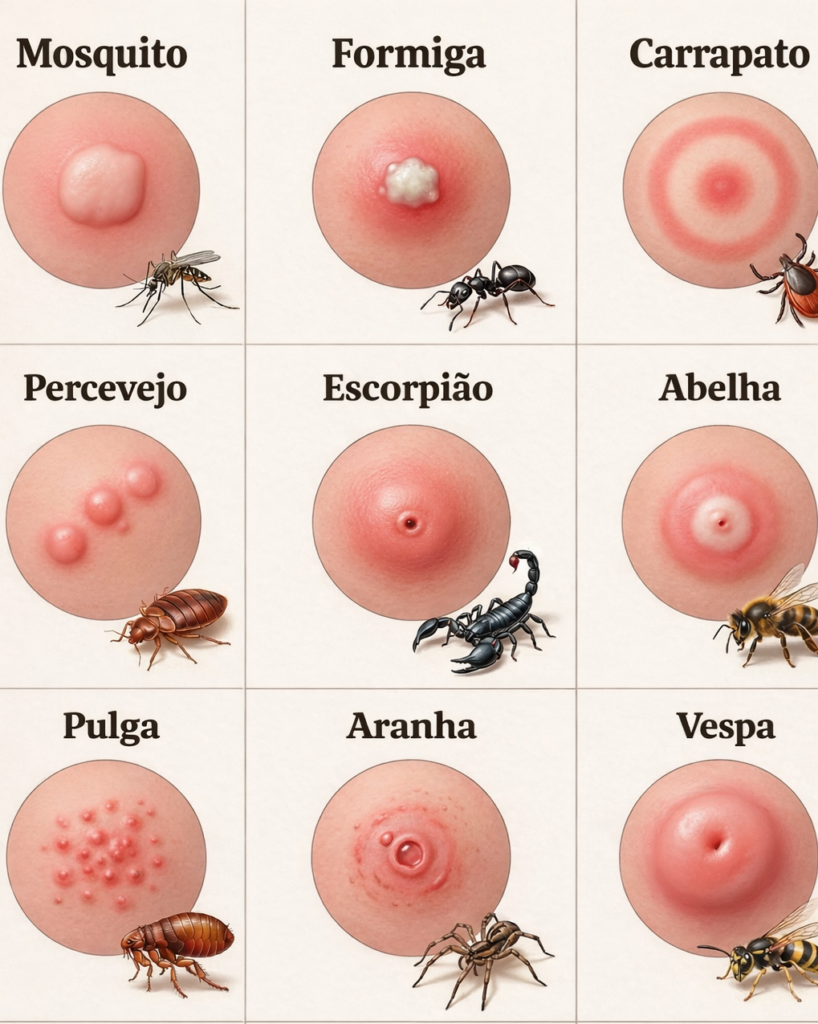 Às vezes, uma pequena marca na pele parece inofensiva, mas pode ser o primeiro sinal de que algo mais sério aconteceu sem que você percebesse. Como saber se foi apenas uma picada comum ou se o agressor exige mais atenção? A resposta começa pela observação. Certas marcas deixam padrões que ajudam a identificar o que atacou, e reconhecer essas diferenças pode fazer toda a diferença, especialmente quando há risco de reação mais intensa ou necessidade de cuidado rápido. Quais sinais costumam levantar essa suspeita? Em geral, o formato da lesão, a quantidade de pontos, o inchaço, a vermelhidão e a dor ajudam a distinguir uma picada de outra. Nem sempre é fácil perceber na hora, porque muitas delas se parecem no início. Ainda assim, algumas características chamam atenção e servem como pista. O que acontece quando a marca é pequena, arredondada e acompanhada de coceira? Muitas vezes, isso lembra a ação do **mosquito**. A picada costuma provocar um pequeno relevo na pele, com vermelhidão e incômodo localizado. É uma das marcas mais comuns e, por isso mesmo, muita gente ignora sem pensar duas vezes. E quando a sensação é de ardor e a marca aparece em pontos menores, às vezes em sequência? Nesse caso, pode haver relação com a **formiga**. Dependendo do tipo, a picada pode causar dor imediata, vermelhidão e até pequenas elevações na pele. O desconforto costuma ser mais agudo do que o de um mosquito. Mas e se o que aparece é um ponto fixo, às vezes discreto, que pode passar despercebido no começo? A atenção se volta para o **carrapato**. Como ele pode permanecer preso à pele por algum tempo, a marca nem sempre chama atenção de imediato. Justamente por isso, esse tipo de ataque merece cuidado. Há situações em que as marcas surgem em grupos ou em linha. O que isso pode indicar? Um dos suspeitos é o **percevejo**. As lesões podem aparecer próximas umas das outras, formando um padrão repetido. A coceira costuma ser um dos sinais mais notados. E quando a dor é intensa e aparece de forma repentina, como se algo tivesse ferroado com força? Aí entra a possibilidade de **escorpião**. Nesse caso, a marca pode vir acompanhada de dor importante, o que já diferencia esse ataque de picadas mais leves e comuns. Se houver inchaço rápido e dor aguda logo após o contato, quem pode estar por trás disso? A **abelha** é uma das respostas mais conhecidas. A ferroada costuma provocar reação local evidente, com dor, vermelhidão e aumento de volume na região atingida. Mas por que algumas marcas aparecem em áreas como pernas e tornozelos, em pontos pequenos e muito irritados? Isso pode sugerir **pulga**. As picadas geralmente são pequenas, múltiplas e bastante associadas à coceira, o que leva a pessoa a perceber o problema mais pelo incômodo do que pela aparência inicial. E se a lesão causa preocupação porque parece diferente do habitual, às vezes com dois pontos ou reação mais marcada? Surge então a suspeita de **aranha**. Nem toda picada é igual, e justamente por isso a observação cuidadosa se torna importante quando a marca foge do padrão mais comum. Quando a dor e o inchaço lembram a ferroada de abelha, mas o ataque parece mais agressivo, o que considerar? A **vespa** também pode deixar esse tipo de sinal. A reação local pode ser forte, com dor imediata e inflamação perceptível. Então quais são os bichos associados a essas marcas que merecem atenção? São **mosquito**, **formiga**, **carrapato**, **percevejo**, **escorpião**, **abelha**, **pulga**, **aranha** e **vespa**. Algumas dessas marcas podem ser perigosas, e por isso observar a pele com atenção nunca é exagero.