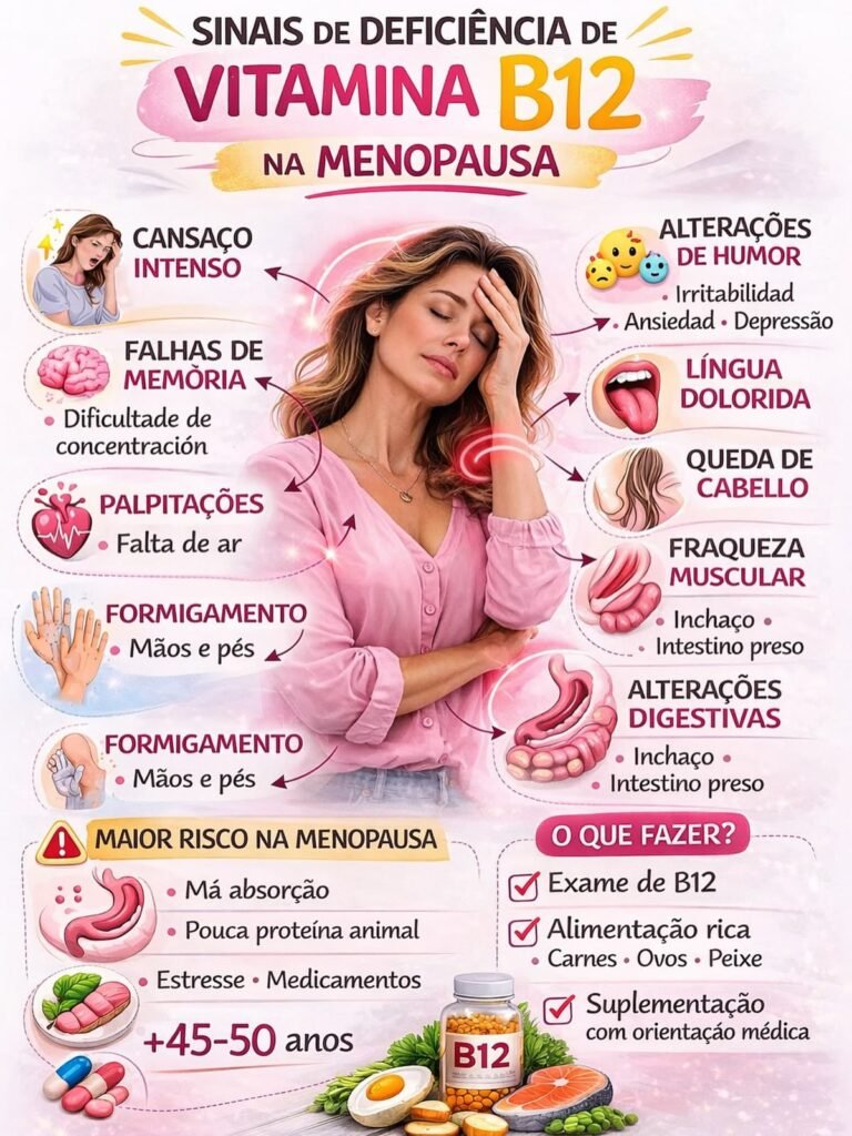 **Sinais de Deficiência de Vitamina B12 na Menopausa: O Que Você Precisa Saber** A **menopausa** é uma fase natural na vida de uma mulher, marcada pelo fim dos ciclos menstruais. Ela geralmente ocorre entre os 45 e 55 anos, mas pode variar. Durante essa transição, o corpo passa por várias mudanças hormonais que podem resultar em sintomas físicos e emocionais. Um aspecto frequentemente negligenciado, mas crucial, é a **deficiência de vitamina B12**, que pode exacerbar os sintomas da menopausa. Neste artigo, exploraremos os sinais dessa deficiência e o que pode ser feito para mitigá-los. ### Quais são os sinais de deficiência de vitamina B12 na menopausa? A deficiência de vitamina B12 pode manifestar-se de várias formas, especialmente durante a menopausa, quando o corpo já está passando por mudanças significativas. Aqui estão alguns sinais comuns: 1. **Fadiga Intensa**: A falta de vitamina B12 pode levar a uma produção inadequada de glóbulos vermelhos, resultando em anemia e, consequentemente, fadiga extrema. 2. **Irritabilidade e Ansiedade**: Mudanças de humor são comuns na menopausa, mas a deficiência de B12 pode intensificar esses sentimentos, levando a irritabilidade e ansiedade. 3. **Depressão**: A vitamina B12 desempenha um papel crucial na produção de neurotransmissores que regulam o humor. Sua deficiência pode contribuir para a depressão. 4. **Falhas de Memória e Dificuldade de Concentração**: A menopausa já pode afetar a memória e a concentração, e a falta de B12 pode agravar esses problemas. 5. **Palpitações e Falta de Ar**: A deficiência de B12 pode causar palpitações cardíacas e falta de ar devido à anemia. 6. **Fraqueza Muscular e Formigamento**: Sensações de fraqueza e formigamento nas mãos e pés são sinais neurológicos de deficiência de B12. 7. **Inchaço e Alterações Digestivas**: Problemas como intestino preso e inchaço podem ser exacerbados pela falta de vitamina B12. ### Por que a deficiência de vitamina B12 é um risco na menopausa? Durante a menopausa, o corpo passa por uma série de mudanças hormonais que podem afetar a absorção de nutrientes. A **má absorção** de vitamina B12 é comum, especialmente em mulheres que consomem pouca proteína animal, como carnes, ovos e peixes. Além disso, o **estresse** e o uso de certos **medicamentos** podem interferir na absorção de B12. ### O que fazer para combater a deficiência de vitamina B12 na menopausa? 1. **Exame de B12**: O primeiro passo é realizar um exame de sangue para verificar os níveis de vitamina B12. Isso ajudará a determinar se a suplementação é necessária. 2. **Alimentação Rica em B12**: Incorporar alimentos ricos em vitamina B12 na dieta é fundamental. Isso inclui carnes, ovos e peixes. Para vegetarianos ou veganos, alimentos fortificados ou suplementos podem ser necessários. 3. **Suplementação com Orientação Médica**: Se a deficiência for confirmada, a suplementação de vitamina B12 pode ser recomendada. É importante que isso seja feito sob orientação médica para garantir a dosagem correta. 4. **Gerenciamento do Estresse**: Técnicas de gerenciamento de estresse, como meditação e exercícios físicos, podem ajudar a melhorar a absorção de nutrientes e reduzir os sintomas da menopausa. 5. **Revisão de Medicamentos**: Alguns medicamentos podem interferir na absorção de vitamina B12. É importante discutir com um médico a possibilidade de ajustar a medicação, se necessário. ### Conclusão A deficiência de vitamina B12 é um problema significativo que pode agravar os sintomas da menopausa. Reconhecer os sinais e tomar medidas proativas para corrigir a deficiência pode melhorar significativamente a qualidade de vida durante essa fase. Consultar um profissional de saúde para orientação personalizada é sempre a melhor abordagem. Com uma dieta adequada, suplementação quando necessário e gerenciamento do estresse, é possível navegar pela menopausa de forma mais tranquila e saudável.