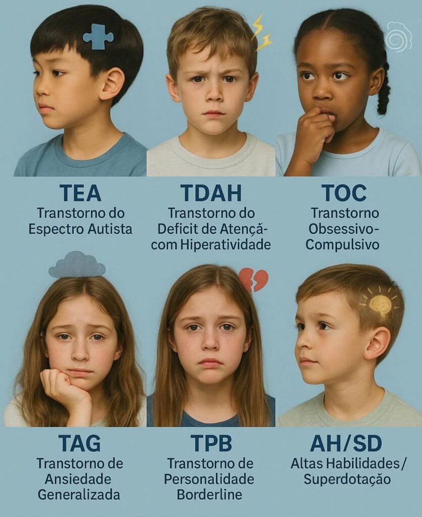 Você já se perguntou se há algo mais por trás do comportamento do seu filho? Algo que talvez você ainda não tenha percebido? **Descobrir o que realmente se passa na mente de uma criança pode ser um desafio**, especialmente quando se trata de identificar condições como **TEA (Transtorno do Espectro Autista)**, **TDAH (Transtorno do Déficit de Atenção com Hiperatividade)**, e **TOC (Transtorno Obsessivo-Compulsivo)**. Mas como saber se esses comportamentos são apenas fases passageiras ou algo mais profundo? **O comportamento infantil pode ser um enigma**, e muitas vezes, os sinais de que algo está fora do comum são sutis. Você já notou que seu filho tem dificuldades em manter o foco ou parece estar em um mundo próprio? Talvez ele tenha rituais específicos que precisa seguir religiosamente. Esses podem ser indícios de condições que afetam o desenvolvimento e o comportamento. **O que é o TEA?** O Transtorno do Espectro Autista é uma condição neurológica que afeta a comunicação e o comportamento. Crianças com TEA podem ter dificuldades em interações sociais, comunicação verbal e não verbal, e podem exibir comportamentos repetitivos. Mas como diferenciar isso de uma simples timidez ou preferência por brincar sozinho? **E o TDAH?** Este transtorno é caracterizado por um padrão persistente de desatenção e/ou hiperatividade-impulsividade que interfere no funcionamento ou desenvolvimento. Crianças com TDAH podem parecer estar sempre em movimento, ter dificuldade em seguir instruções ou completar tarefas. Mas será que isso é apenas energia infantil ou algo mais? **O TOC, por outro lado,** envolve pensamentos obsessivos e comportamentos compulsivos. Uma criança com TOC pode sentir a necessidade de realizar certas ações repetidamente para aliviar a ansiedade. Mas como distinguir entre um hábito inofensivo e um comportamento compulsivo? **Além disso, há o TAG (Transtorno de Ansiedade Generalizada)**, onde a preocupação excessiva pode ser um sinal de alerta. Crianças com TAG podem parecer constantemente preocupadas ou tensas, mesmo sem um motivo aparente. Isso é apenas uma fase de desenvolvimento ou um transtorno de ansiedade? **E quanto ao TPB (Transtorno de Personalidade Borderline)?** Embora mais raro em crianças, é caracterizado por instabilidade nas relações interpessoais, autoimagem e afetos. Mas como identificar isso em uma fase tão precoce da vida? **Não podemos esquecer das Altas Habilidades/Superdotação.** Crianças superdotadas podem apresentar um desenvolvimento intelectual avançado, mas também podem enfrentar desafios emocionais e sociais. Como diferenciar entre uma criança superdotada e uma que simplesmente aprende rápido? **Identificar essas condições pode ser desafiador**, mas é crucial para garantir que seu filho receba o apoio necessário. Observar o comportamento em diferentes contextos, como em casa e na escola, pode fornecer pistas valiosas. Conversar com professores e profissionais de saúde mental pode ajudar a esclarecer dúvidas e fornecer orientações. **A chave é a observação cuidadosa e a busca por orientação profissional.** Se você suspeita que seu filho pode ter algum desses transtornos, é importante procurar a ajuda de um especialista. Um diagnóstico precoce pode fazer toda a diferença no desenvolvimento e bem-estar do seu filho. **Em resumo,** entender o comportamento do seu filho é um processo contínuo de observação e aprendizado. Cada criança é única, e o que pode ser um sinal de alerta em uma pode ser perfeitamente normal em outra. **Acompanhe de perto, busque informações e não hesite em procurar ajuda quando necessário.** Afinal, o bem-estar do seu filho é a prioridade.