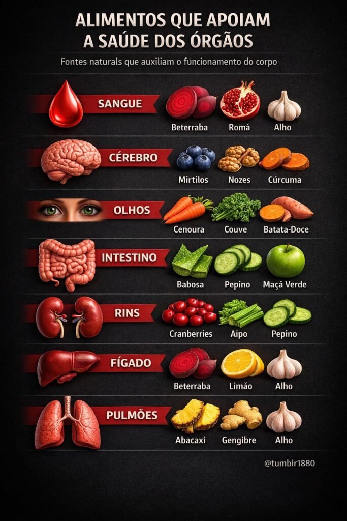 Há alimentos comuns que podem fazer mais pelo corpo do que muita gente imagina — e o mais interessante é que esse apoio acontece de forma silenciosa, em diferentes partes do organismo. Mas apoio a quê, exatamente? À **saúde dos órgãos**, por meio de **fontes naturais** que auxiliam o funcionamento do corpo. Em vez de uma promessa ampla e vaga, a proposta aqui é direta: alguns alimentos aparecem associados a regiões e funções específicas, criando uma espécie de mapa simples de cuidado diário. Quais são os primeiros dessa lista? Entre os nomes que surgem logo de início estão **beterraba**, **romã** e **alho**. Por que eles chamam atenção? Porque aparecem reunidos como parte desse conjunto de alimentos que apoiam o organismo, sugerindo uma atuação ligada ao equilíbrio e ao funcionamento corporal de forma natural. E esse apoio fica restrito a poucos ingredientes? Não. À medida que a lista avança, outros alimentos entram em cena e ampliam essa rede de suporte. É o caso de **mirtilos**, **nozes** e **cúrcuma**. O que esses nomes indicam? Que o cuidado com o corpo não depende de um único item, mas de uma variedade de escolhas naturais que podem compor a alimentação. Há vegetais nessa seleção? Sim, e eles aparecem com força. **Cenoura**, **couve** e **batata-doce** também fazem parte desse grupo. O que isso revela? Que alimentos simples, presentes em muitas rotinas, estão entre as opções apontadas como apoio ao funcionamento do corpo. E quando o foco se volta para o **intestino**, quais alimentos aparecem? A resposta vem de forma objetiva: **babosa**, **pepino** e **maçã verde**. Por que isso importa? Porque o intestino recebe destaque próprio, com ingredientes associados diretamente a esse cuidado. Existe mais alguma combinação ligada a esse mesmo campo de apoio? Sim. Logo depois, surgem **cranberries**, **aipo** e novamente **pepino**. O que a repetição do pepino sugere dentro dessa relação? Apenas que ele aparece mais de uma vez entre os alimentos citados, reforçando sua presença nessa seleção. E há outras combinações ao longo da lista? Há, e elas continuam trazendo alimentos conhecidos. Em outro trecho aparecem **beterraba**, **limão** e **alho**. O que muda aqui? A composição do grupo, que reorganiza ingredientes já citados e acrescenta o **limão**, ampliando as possibilidades dentro desse conjunto de fontes naturais. A lista termina aí? Ainda não. Mais adiante, entram **abacaxi**, **gengibre** e **alho**. Por que guardar essa parte para o fim faz sentido? Porque ela fecha a sequência com uma combinação marcante, reunindo ingredientes bastante reconhecidos e mantendo a lógica de apoio ao funcionamento do corpo por meio da alimentação. Então, afinal, quais são os alimentos citados como apoio à saúde dos órgãos? São **beterraba**, **romã**, **alho**, **mirtilos**, **nozes**, **cúrcuma**, **cenoura**, **couve**, **batata-doce**, **babosa**, **pepino**, **maçã verde**, **cranberries**, **aipo**, **limão**, **abacaxi** e **gengibre**. E como eles aparecem organizados? Em combinações como **beterraba, romã e alho**; **mirtilos, nozes e cúrcuma**; **cenoura, couve e batata-doce**; **babosa, pepino e maçã verde**; **cranberries, aipo e pepino**; **beterraba, limão e alho**; e **abacaxi, gengibre e alho**. O que fica dessa sequência? A reunião de **fontes naturais** associadas ao cuidado com o corpo e ao apoio à **saúde dos órgãos**, com destaque para alimentos variados, acessíveis e distribuídos em combinações que apontam para diferentes frentes desse funcionamento.