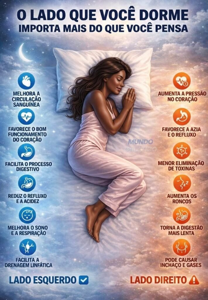 ### O Lado Que Você Dorme Importa Mais do Que Você Pensa Você já parou para pensar **como a posição em que você dorme pode afetar sua saúde**? A escolha do lado para dormir pode ter um impacto significativo em diversos aspectos do seu bem-estar. Neste artigo, vamos explorar como dormir do lado esquerdo ou direito pode influenciar sua saúde, desde a **circulação sanguínea** até a **qualidade do sono**. #### Dormir do Lado Esquerdo: Benefícios e Vantagens **1. Melhora a Circulação Sanguínea** Dormir do lado esquerdo pode melhorar a **circulação sanguínea**. Isso ocorre porque essa posição facilita o fluxo de sangue para o coração, já que a aorta, que transporta o sangue do coração para o resto do corpo, se curva para a esquerda. Assim, dormir desse lado pode ajudar a reduzir a pressão sobre o coração, promovendo uma circulação mais eficiente. **2. Favorece o Bom Funcionamento do Coração** Além de melhorar a circulação, dormir do lado esquerdo pode favorecer o **bom funcionamento do coração**. Com menos pressão sobre o órgão, o coração pode trabalhar de forma mais eficiente, o que é especialmente benéfico para pessoas com problemas cardíacos. **3. Facilita o Processo Digestivo** Dormir do lado esquerdo também pode facilitar o **processo digestivo**. Isso se deve à posição do estômago e do pâncreas, que ficam mais alinhados quando estamos deitados desse lado. Essa posição permite que os sucos gástricos e as enzimas digestivas sejam liberados de maneira mais eficaz, promovendo uma digestão mais rápida e eficiente. **4. Reduz o Refluxo e a Acidez** Para aqueles que sofrem de refluxo gastroesofágico, dormir do lado esquerdo pode ser uma solução eficaz. Essa posição ajuda a manter o estômago abaixo do esôfago, reduzindo a chance de que o ácido gástrico suba para o esôfago, o que diminui a sensação de queimação e desconforto. **5. Melhora o Sono e a Respiração** Dormir do lado esquerdo pode melhorar a **qualidade do sono** e a **respiração**. Com a pressão reduzida sobre o coração e os pulmões, a respiração tende a ser mais fácil e regular, o que pode resultar em um sono mais profundo e reparador. **6. Facilita a Drenagem Linfática** A posição do lado esquerdo também facilita a **drenagem linfática**, ajudando o corpo a eliminar toxinas de maneira mais eficaz. O sistema linfático desempenha um papel crucial na remoção de resíduos do corpo, e dormir desse lado pode otimizar esse processo. #### Dormir do Lado Direito: Desvantagens e Riscos **1. Aumenta a Pressão no Coração** Dormir do lado direito pode aumentar a **pressão no coração**, o que pode ser prejudicial, especialmente para pessoas com condições cardíacas. Essa posição pode dificultar o trabalho do coração, aumentando o risco de problemas cardiovasculares. **2. Favorece a Azia e o Refluxo** Ao contrário do lado esquerdo, dormir do lado direito pode favorecer a **azia e o refluxo**. Nessa posição, o estômago fica acima do esôfago, facilitando a subida do ácido gástrico e causando desconforto. **3. Menor Eliminação de Toxinas** Dormir do lado direito pode resultar em uma **menor eliminação de toxinas**. O sistema linfático pode não funcionar de maneira tão eficiente, o que pode levar a um acúmulo de resíduos no corpo. **4. Aumenta os Roncos** Dormir do lado direito pode aumentar a probabilidade de **roncos**. A posição pode obstruir parcialmente as vias aéreas, tornando a respiração mais ruidosa e interrompida. **5. Torna a Digestão Mais Lenta** A digestão pode ser mais lenta quando se dorme do lado direito. A posição do estômago e do pâncreas não é ideal, o que pode retardar o processo digestivo e causar desconforto. **6. Pode Causar Refluxo** Além de favorecer a azia, dormir do lado direito pode causar **refluxo** mais frequente e intenso, aumentando o desconforto durante a noite. ### Conclusão A posição em que você dorme pode ter um impacto significativo na sua saúde. Dormir do lado esquerdo oferece diversos benefícios, desde a melhora da circulação sanguínea até a facilitação da digestão e a redução do refluxo. Por outro lado, dormir do lado direito pode aumentar a pressão no coração, favorecer a azia e tornar a digestão mais lenta. Portanto, se você busca melhorar sua saúde e qualidade de sono, considerar a posição em que dorme pode ser um passo importante.