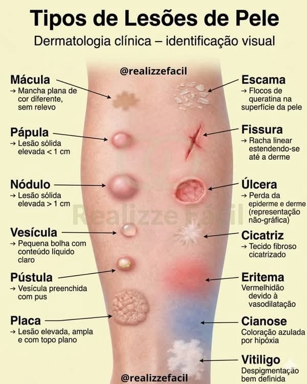 **Dermatologia Clínica: Identificação Visual de Lesões Cutâneas** A **dermatologia clínica** é uma área essencial da medicina que se concentra no diagnóstico e tratamento de doenças da pele. Um dos aspectos mais críticos dessa especialidade é a **identificação visual** de lesões cutâneas. Este artigo explora as diferentes lesões cutâneas, suas características visuais e o que elas podem indicar sobre a saúde da pele. ### O que é uma Mácula? Uma **mácula** é uma **mancha plana** na pele que não apresenta relevo. As máculas são geralmente de cor diferente da pele ao redor e podem ser causadas por uma variedade de fatores, incluindo alterações na pigmentação. Exemplos comuns incluem sardas e manchas de sol. A identificação correta de uma mácula é crucial, pois pode ser um indicador de condições como vitiligo ou melasma. ### O que caracteriza uma Pápula? Uma **pápula** é uma lesão sólida e elevada que se estende até a derme. Ao contrário das máculas, as pápulas são palpáveis e podem variar em tamanho. Elas são frequentemente associadas a condições como acne ou dermatite. A presença de pápulas pode indicar uma reação inflamatória ou infecciosa na pele. ### Como identificar um Nódulo? Um **nódulo** é uma lesão sólida e elevada com mais de 1 cm de diâmetro. Os nódulos penetram mais profundamente na pele do que as pápulas e podem ser um sinal de condições mais graves, como cistos ou tumores. A avaliação médica é essencial para determinar a natureza de um nódulo e o tratamento adequado. ### O que é uma Vesícula? Uma **vesícula** é uma pequena bolha com conteúdo líquido claro. Vesículas são frequentemente vistas em condições como herpes ou varicela. Elas podem ser dolorosas e são um sinal de infecção ou inflamação. O tratamento geralmente envolve o manejo da condição subjacente e o alívio dos sintomas. ### Qual a diferença entre Vesícula e Pústula? Enquanto uma vesícula contém líquido claro, uma **pústula** é preenchida com pus. Pústulas são comuns em casos de acne e infecções bacterianas. A presença de pus indica uma resposta inflamatória do corpo a uma infecção. O tratamento pode incluir antibióticos tópicos ou orais, dependendo da gravidade. ### O que é uma Placa? Uma **placa** é uma lesão elevada, ampla e com topo plano. Placas são frequentemente associadas a condições como psoríase, onde a pele se torna espessa e escamosa. A identificação de placas é importante para o diagnóstico e manejo de doenças crônicas da pele. ### Como identificar uma Cicatriz? Uma **cicatriz** é formada por tecido fibroso que substitui a pele normal após uma lesão. Cicatrizes podem variar em aparência e são um resultado natural do processo de cicatrização. Algumas cicatrizes podem ser tratadas para melhorar sua aparência, mas muitas vezes são permanentes. ### O que é Eritema? **Eritema** refere-se à vermelhidão da pele devido à vasodilatação. É um sinal comum de inflamação e pode ser visto em condições como queimaduras solares ou reações alérgicas. O manejo do eritema envolve tratar a causa subjacente e aliviar os sintomas. ### O que é Cianose? **Cianose** é a coloração azulada da pele causada por hipóxia, ou falta de oxigênio no sangue. É um sinal clínico importante que pode indicar problemas respiratórios ou circulatórios. A identificação de cianose requer avaliação médica imediata para determinar a causa e iniciar o tratamento adequado. ### O que é Vitiligo? **Vitiligo** é uma condição caracterizada pela **despigmentação** da pele. As áreas afetadas perdem a cor devido à destruição dos melanócitos, as células responsáveis pela produção de melanina. O vitiligo pode ter um impacto significativo na aparência e na autoestima do paciente, e o tratamento pode incluir terapias para restaurar a cor da pele. ### Conclusão A **identificação visual** de lesões cutâneas é uma habilidade fundamental na **dermatologia clínica**. Compreender as características de diferentes lesões, como máculas, pápulas, nódulos, vesículas, pústulas, placas, cicatrizes, eritema, cianose e vitiligo, é essencial para o diagnóstico preciso e o tratamento eficaz das condições da pele. Se você notar qualquer alteração na sua pele, é importante procurar a avaliação de um dermatologista para garantir um cuidado adequado.
