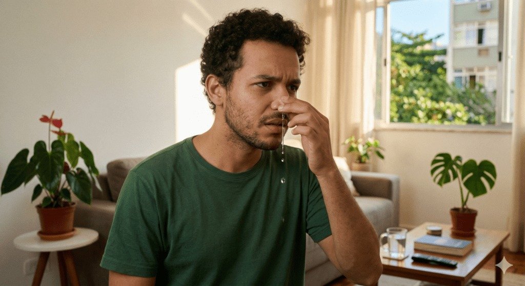 Parece algo bobo, quase automático, mas **água escorrendo do nariz sem gripe** pode dizer mais do que muita gente imagina. A primeira pergunta surge sozinha: se não há **resfriado**, **febre** ou mal-estar, por que o nariz começa a escorrer como se o corpo estivesse doente? A resposta começa em algo simples e pouco lembrado: o nariz produz **muco o tempo todo**. Isso não é sinal de problema por si só. Na verdade, é um mecanismo natural para **umidificar o ar**, **reter impurezas** e **proteger as vias respiratórias**. Então por que, em alguns momentos, esse líquido parece aumentar de repente? Porque basta uma pequena alteração nesse equilíbrio para o organismo reagir produzindo mais secreção do que o necessário. E é aqui que muita gente se surpreende: nem sempre isso tem relação com infecção. Em muitos casos, o que está por trás é uma sensibilidade da mucosa nasal a estímulos que passam despercebidos no dia a dia. Que estímulos seriam esses? **Mudanças de temperatura**, **cheiros fortes**, **fumaça** e até o **ar frio** podem provocar esse efeito. Sabe quando a pessoa sai de um ambiente quente e, poucos minutos depois, sente o nariz escorrer na rua? Isso pode ser apenas uma resposta do corpo ao contato com o frio. Parece estranho, mas não é incomum. O nariz entende aquele ambiente como um desafio e reage produzindo mais líquido. Mas há um detalhe que quase ninguém percebe: esse escorrimento também pode aparecer em momentos totalmente inesperados, como durante as refeições. Como assim, comer pode fazer o nariz escorrer? Pode, especialmente com **alimentos quentes**, **sopas** ou **pratos apimentados**. Esse fenômeno é conhecido como **rinite gustativa**, um reflexo natural do organismo que faz o nariz produzir secreção mesmo sem qualquer sinal de gripe. Se isso acontece sem infecção, então seria alergia? Às vezes sim, mas nem sempre da forma como as pessoas imaginam. Nem toda **alergia** vem acompanhada de **espirros**, **coceira** ou olhos irritados. Em alguns casos, o único sinal é justamente o escorrimento constante. **Poeira**, **ácaros** e mudanças no ambiente podem estar envolvidos, mesmo quando os sintomas clássicos não aparecem. E se não for frio, comida ou alergia, o que mais poderia explicar? O próprio **sistema nervoso** pode influenciar esse processo. Situações de **estresse** interferem em várias funções do corpo, e a produção de secreção nasal é uma delas. O que acontece depois muda tudo, porque muita gente percebe o sintoma, mas não liga esse sinal ao momento emocional que está vivendo. Ainda assim, existe outra dúvida importante: isso pode ter relação com algo interno, além do ambiente? Sim. **Medicamentos**, **mudanças hormonais**, o **avanço da idade** e outras alterações do organismo também podem contribuir para o aumento da secreção nasal. Ou seja, o nariz escorrendo sem gripe não aponta para uma única causa. Ele pode ser apenas uma resposta natural do corpo, mas também pode ser um aviso de que algo merece observação. É nesse ponto que a atenção precisa aumentar. Quando esse escorrimento deixa de ser algo ocasional e passa a acontecer com frequência, a pergunta muda: quando isso deixa de ser comum e passa a ser um sinal de alerta? A resposta está em alguns detalhes específicos. Se houver **saída constante de líquido claro por apenas um lado do nariz**, se o fluxo **aumentar ao inclinar a cabeça** ou se existir **histórico recente de trauma ou cirurgia**, a avaliação médica se torna essencial. Por que esses sinais importam tanto? Porque, embora seja raro, há situações em que esse tipo de escorrimento pode indicar algo mais importante. E esse é o ponto que muita gente ignora justamente por não sentir dor. Sem dor, sem febre e sem aparência de doença, o sintoma parece inofensivo. Mas a ausência de incômodo não significa que ele deva ser descartado. Então o que observar na prática? Vale prestar atenção se o nariz escorre **todos os dias**, se isso surge **sem motivo aparente**, se acontece **sempre de um lado só** ou se vem acompanhado de outros sintomas. Esses detalhes ajudam a diferenciar uma reação comum do corpo de uma situação que precisa de orientação profissional. No fim, a grande questão não é apenas por que sai água do nariz sem gripe. A questão real é entender que isso **nem sempre significa doença**, mas também **nem sempre deve ser ignorado**. Às vezes é só o corpo reagindo ao frio, a um cheiro forte ou a um prato quente. Em outras, pode ser o sinal discreto de que algo não está funcionando como deveria. E é justamente essa diferença, quase invisível no começo, que faz tanta gente perceber tarde demais que o nariz estava tentando avisar alguma coisa.