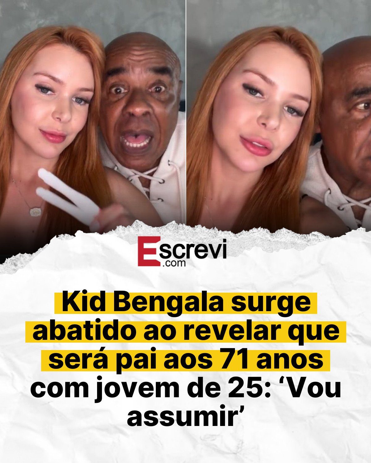 Kid Bengala surge abatido ao revelar que será pai aos 71 anos com jovem de 25: ‘Vou assumir’ card branco