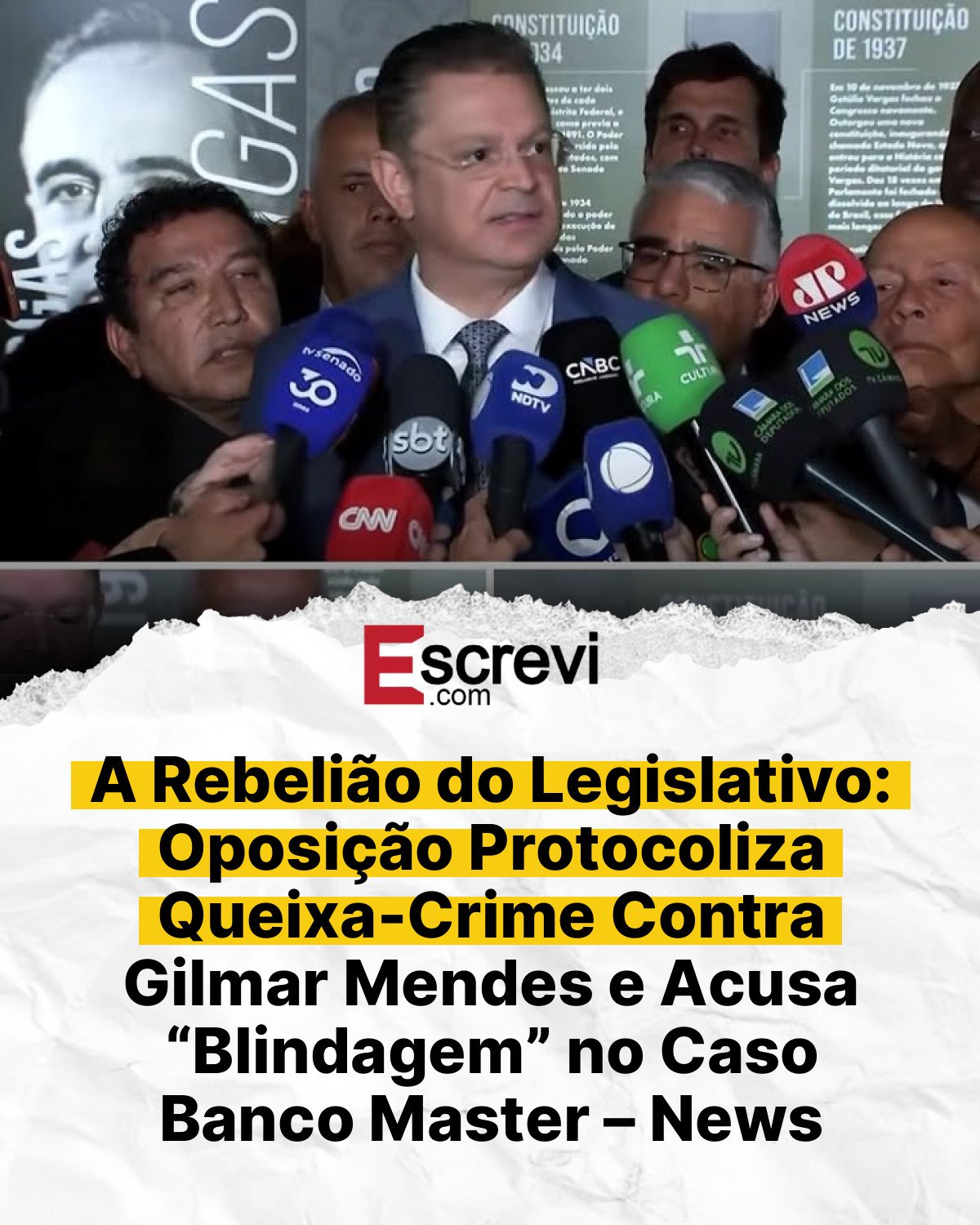 A Rebelião do Legislativo: Oposição Protocoliza Queixa-Crime Contra Gilmar Mendes e Acusa “Blindagem” no Caso Banco Master – News card branco
