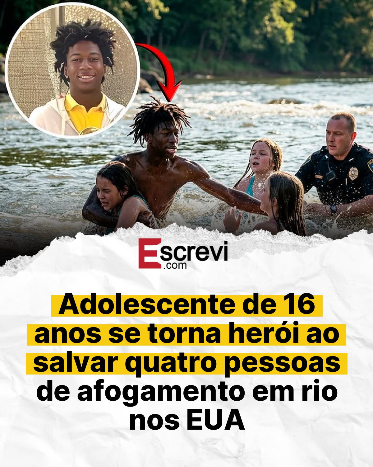 Adolescente de 16 anos se torna herói ao salvar quatro pessoas de afogamento em rio nos EUA card branco