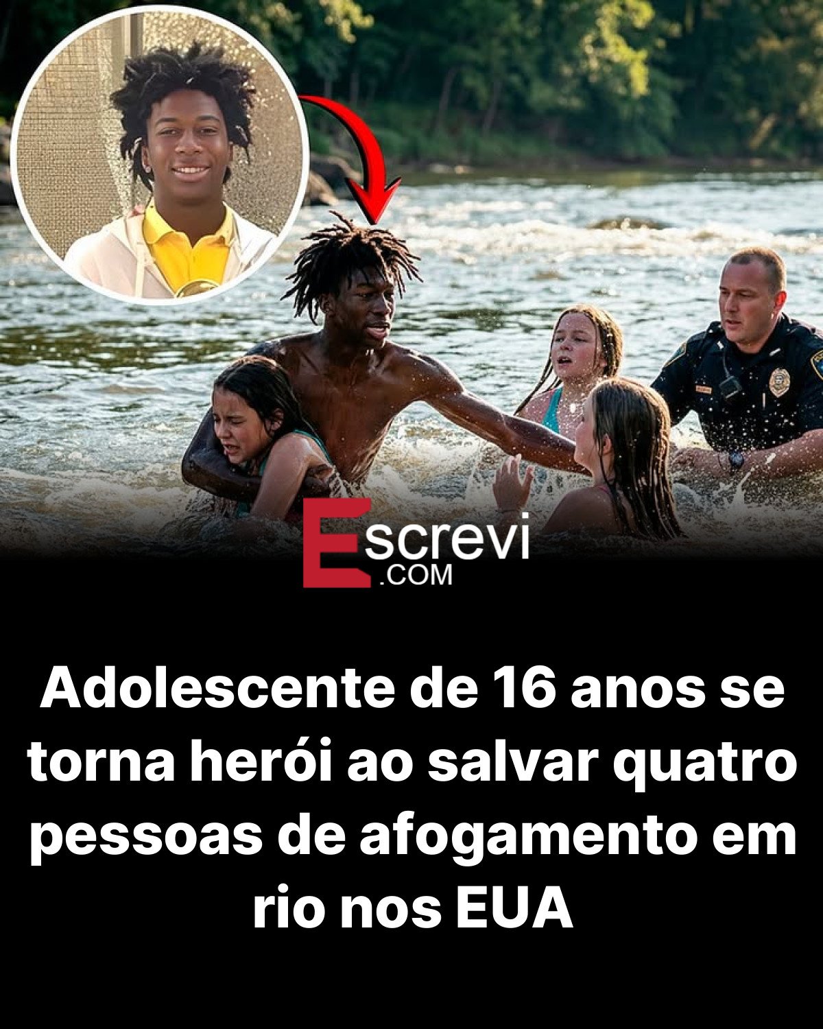 Adolescente de 16 anos se torna herói ao salvar quatro pessoas de afogamento em rio nos EUA card preto