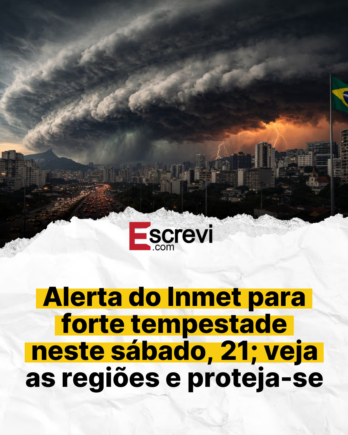 Alerta do Inmet para forte tempestade neste sábado, 21; veja as regiões e proteja-se card branco