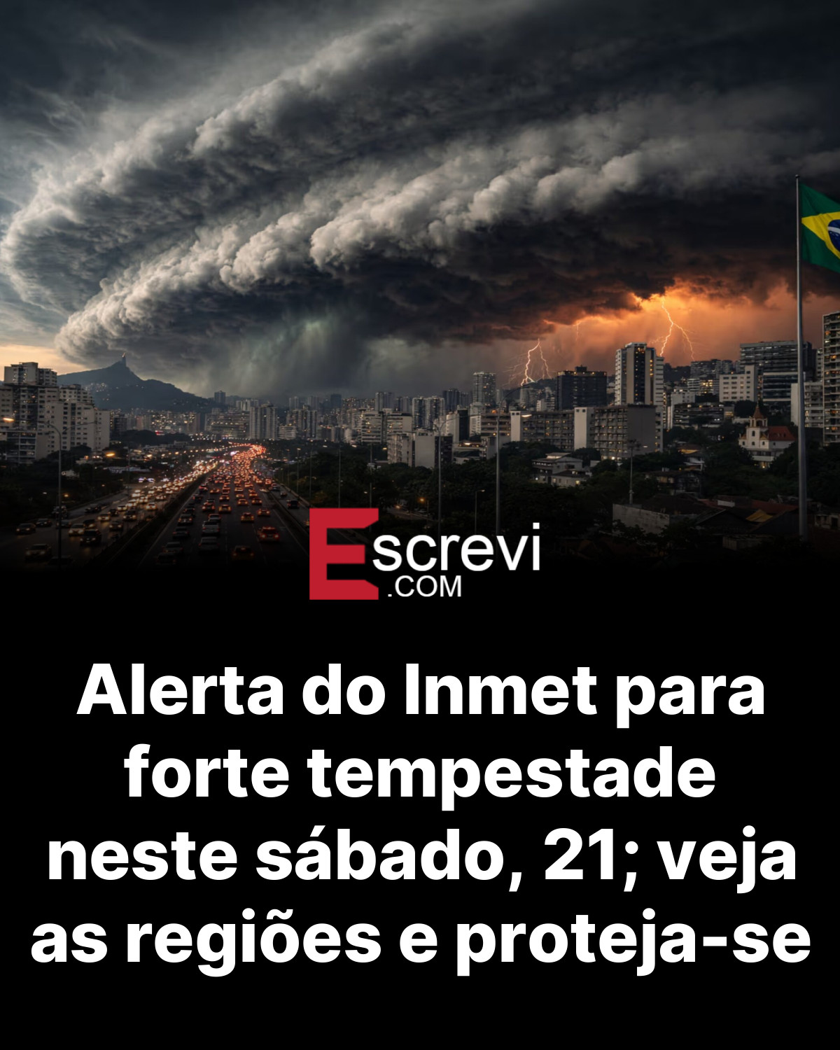 Alerta do Inmet para forte tempestade neste sábado, 21; veja as regiões e proteja-se card preto