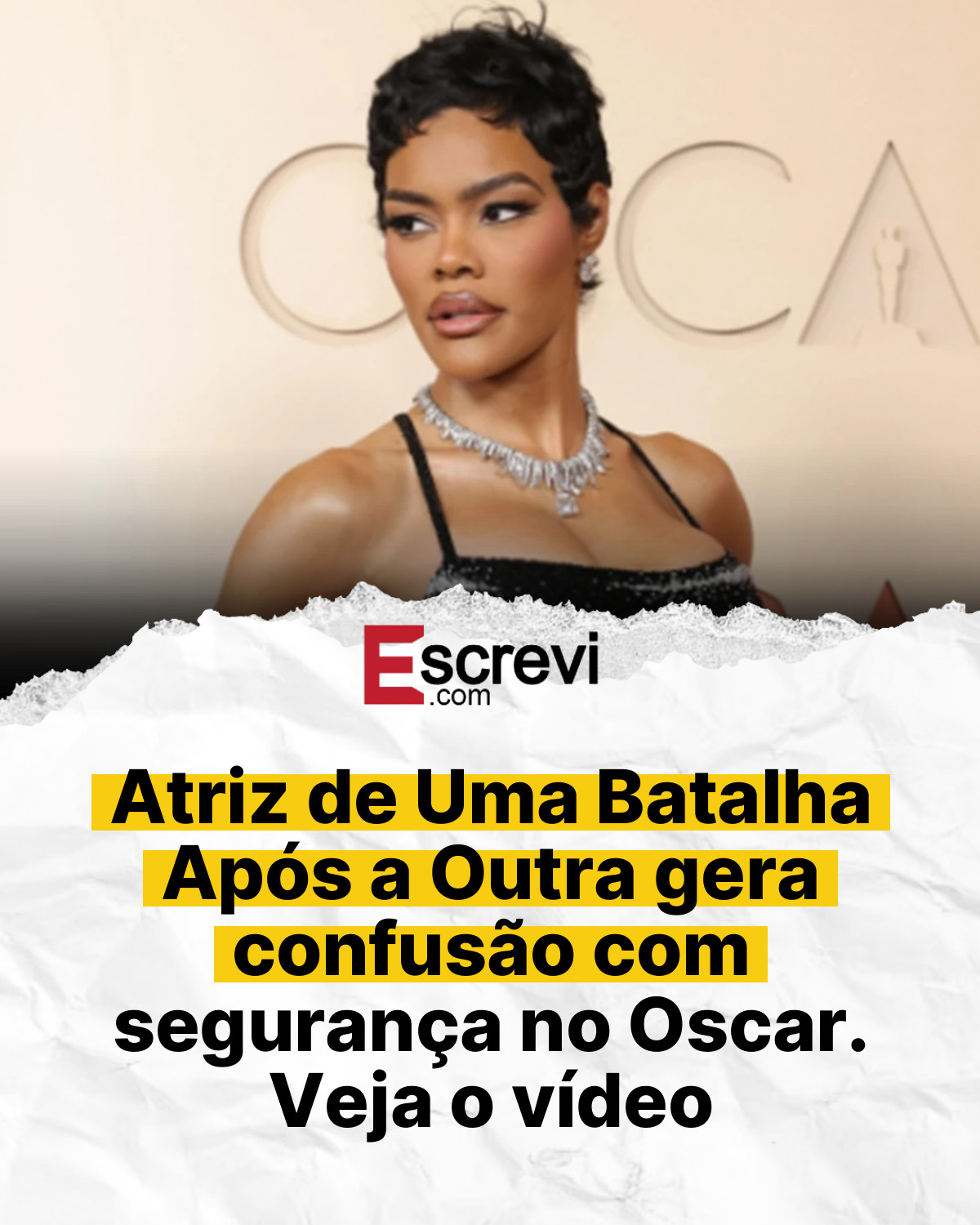 Atriz de Uma Batalha Após a Outra gera confusão com segurança no Oscar. Veja o vídeo card branco