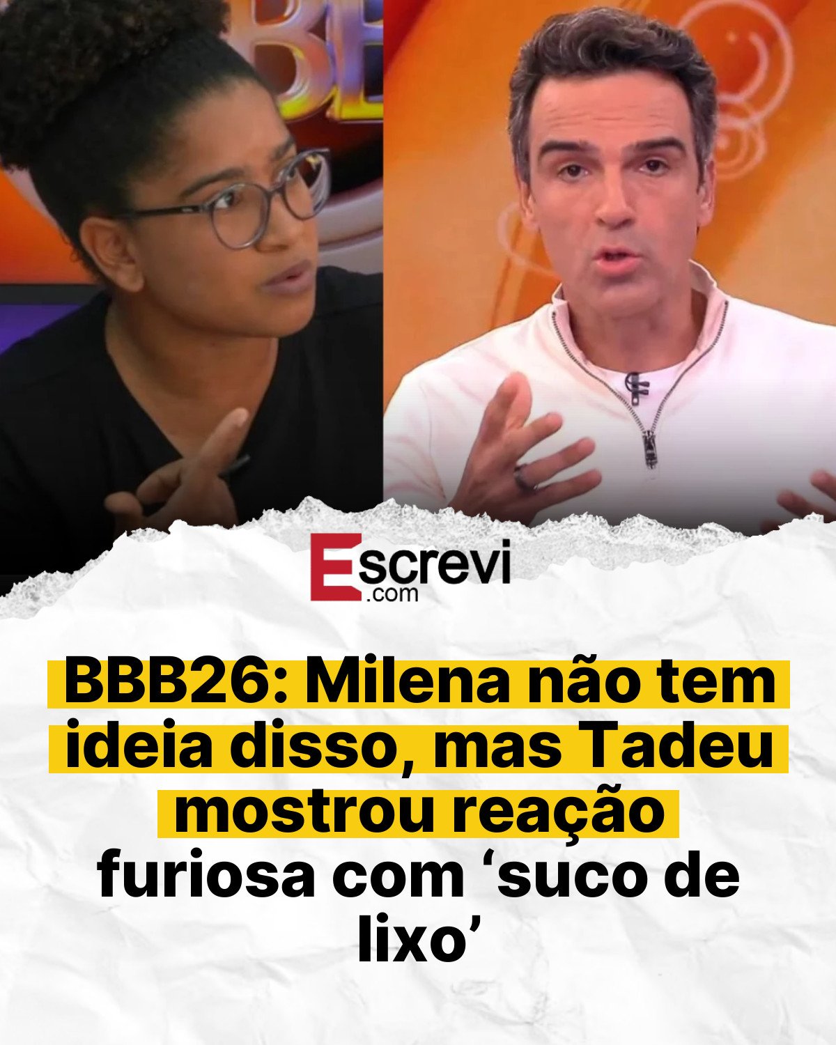 BBB26: Milena não tem ideia disso, mas Tadeu mostrou reação furiosa com ‘suco de lixo’ card branco