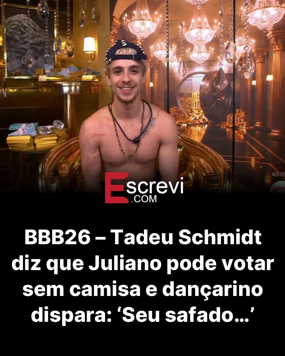 BBB26 – Tadeu Schmidt diz que Juliano pode votar sem camisa e dançarino dispara: ‘Seu safado…’ card preto