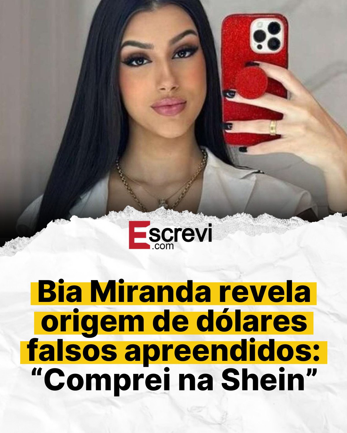 Bia Miranda revela origem de dólares falsos apreendidos: “Comprei na Shein” card branco