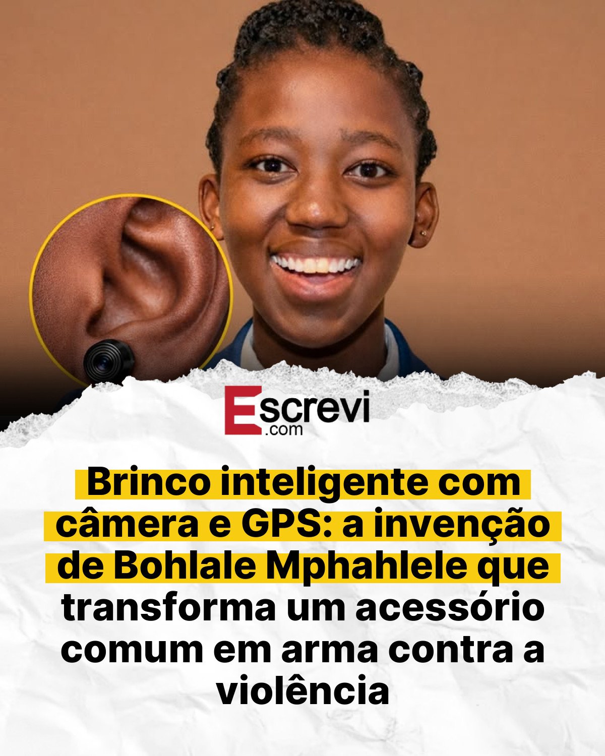 Brinco inteligente com câmera e GPS: a invenção de Bohlale Mphahlele que transforma um acessório comum em arma contra a violência card branco