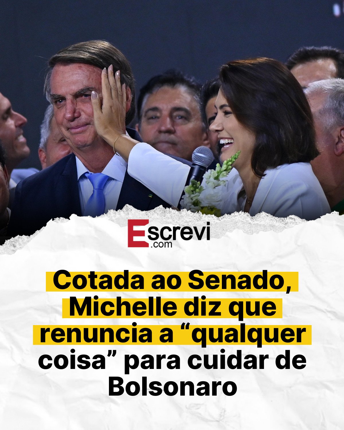 Cotada ao Senado, Michelle diz que renuncia a “qualquer coisa” para cuidar de Bolsonaro card branco
