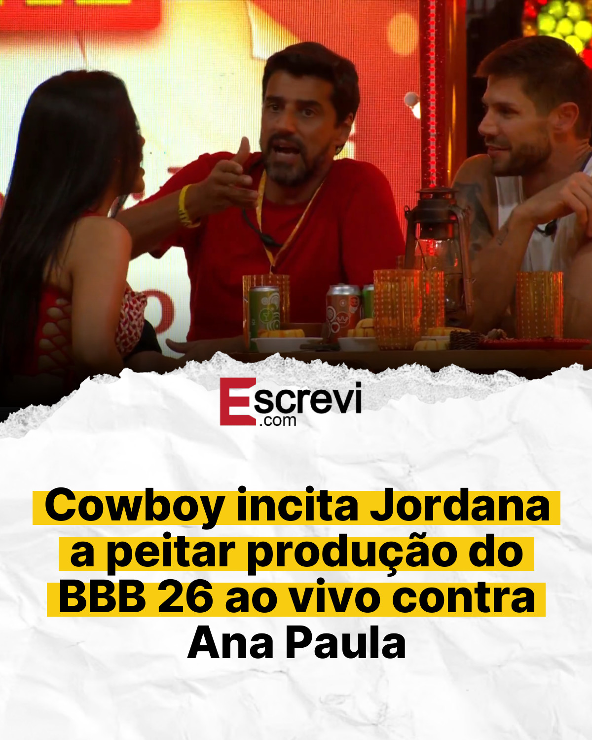 Cowboy incita Jordana a peitar produção do BBB 26 ao vivo contra Ana Paula card branco