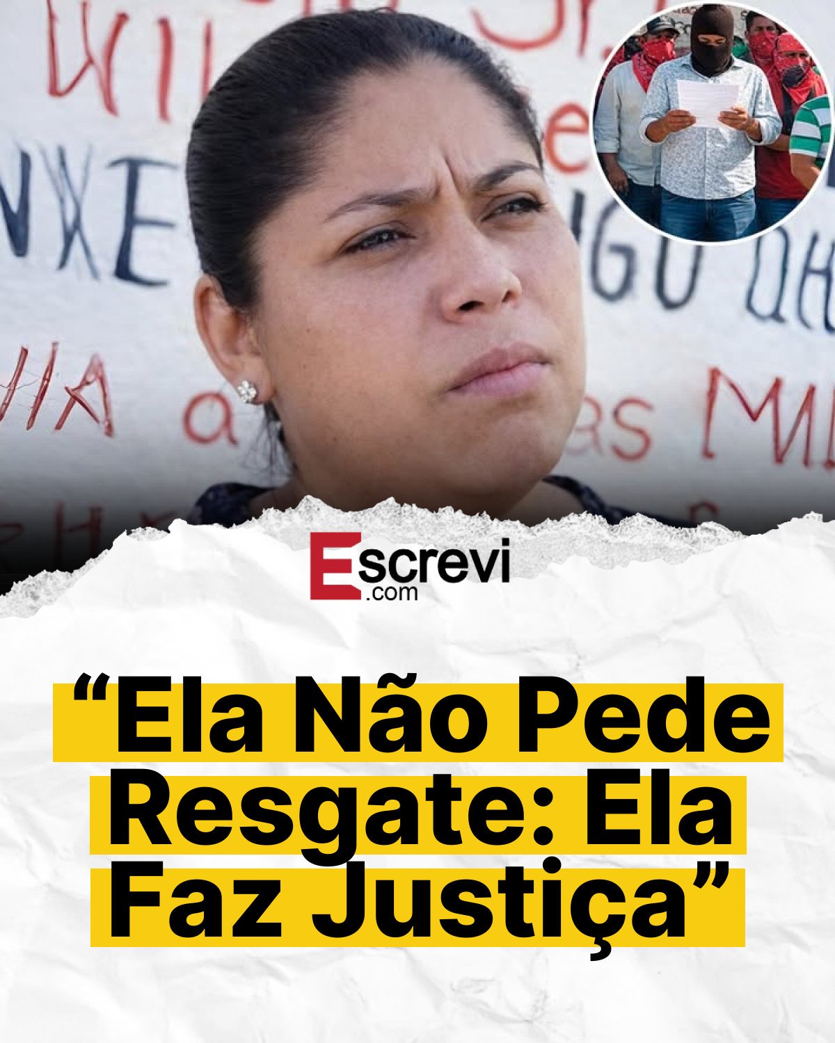 “Ela Não Pede Resgate: Ela Faz Justiça” card branco
