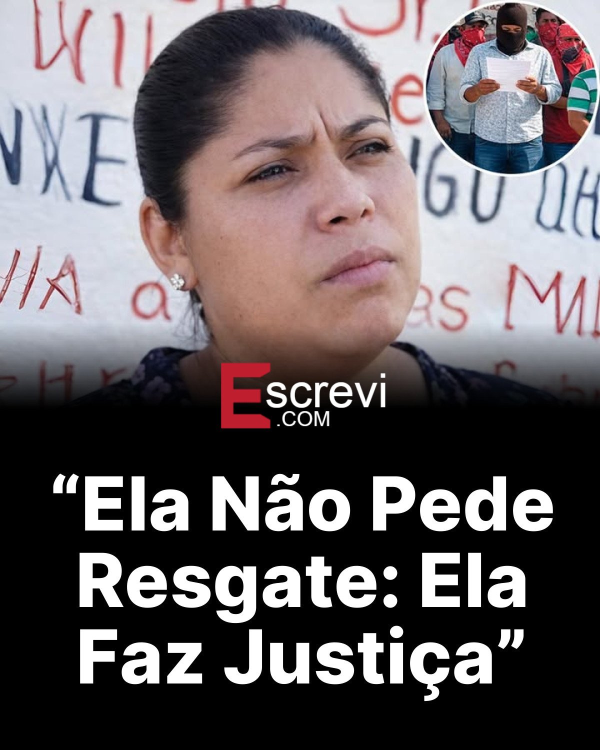 “Ela Não Pede Resgate: Ela Faz Justiça” card preto