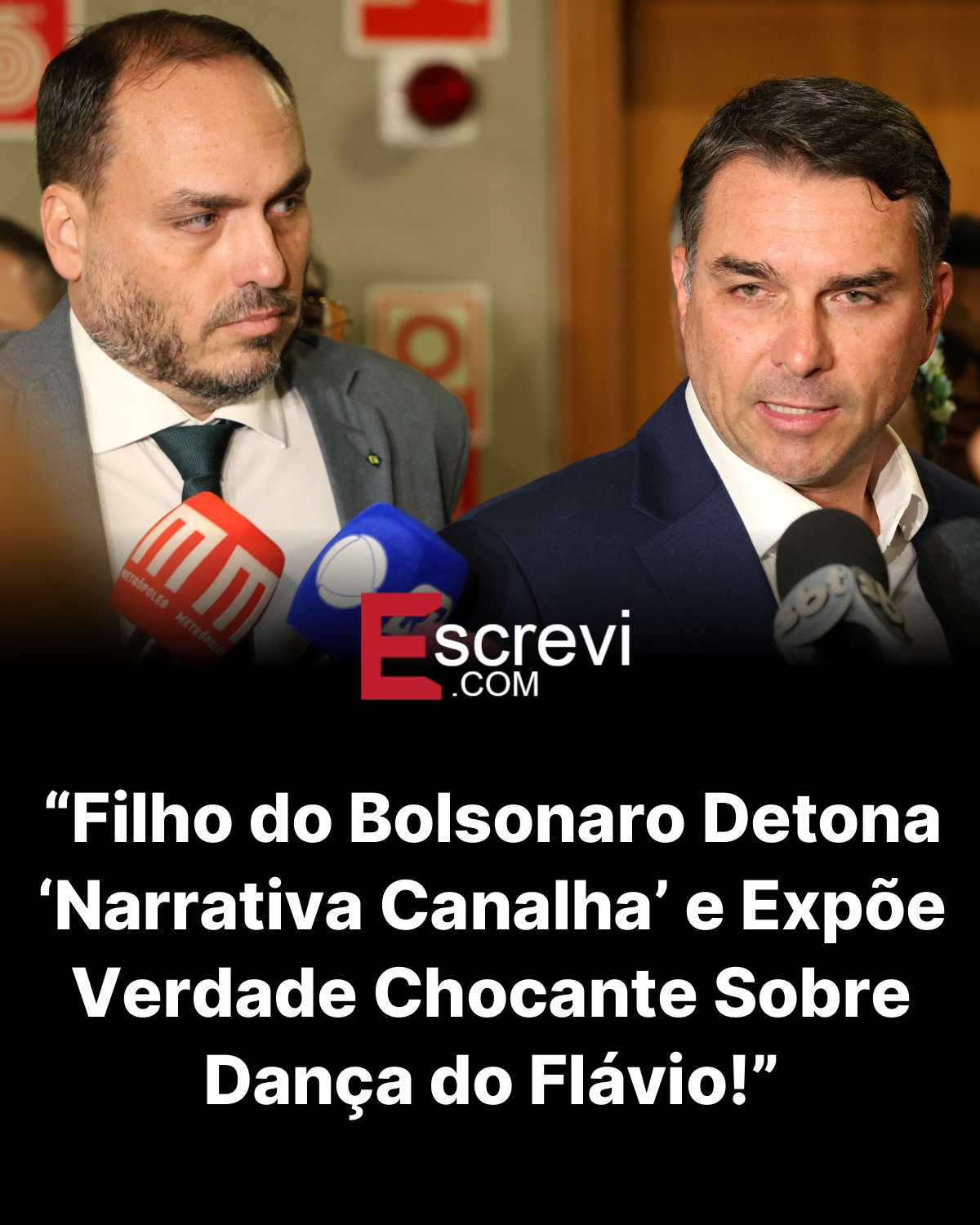 “Filho do Bolsonaro Detona ‘Narrativa Canalha’ e Expõe Verdade Chocante Sobre Dança do Flávio!” card preto