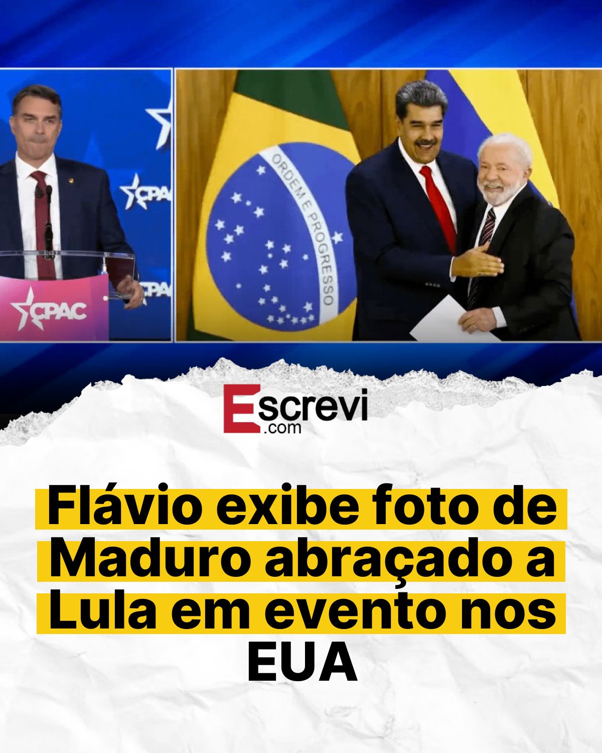 Flávio exibe foto de Maduro abraçado a Lula em evento nos EUA card branco