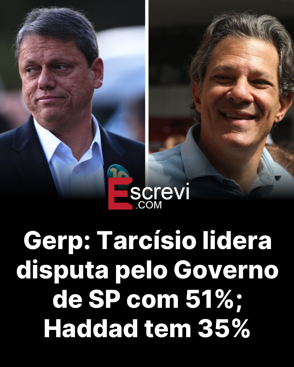 Gerp: Tarcísio lidera disputa pelo Governo de SP com 51%; Haddad tem 35% card preto