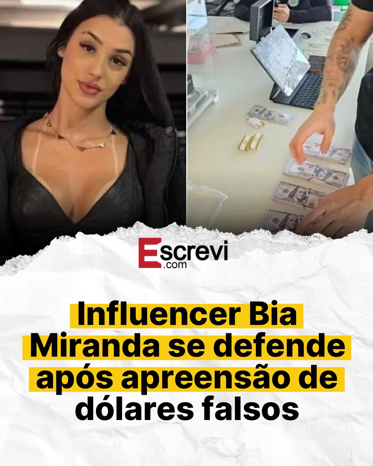 Influencer Bia Miranda se defende após apreensão de dólares falsos card branco