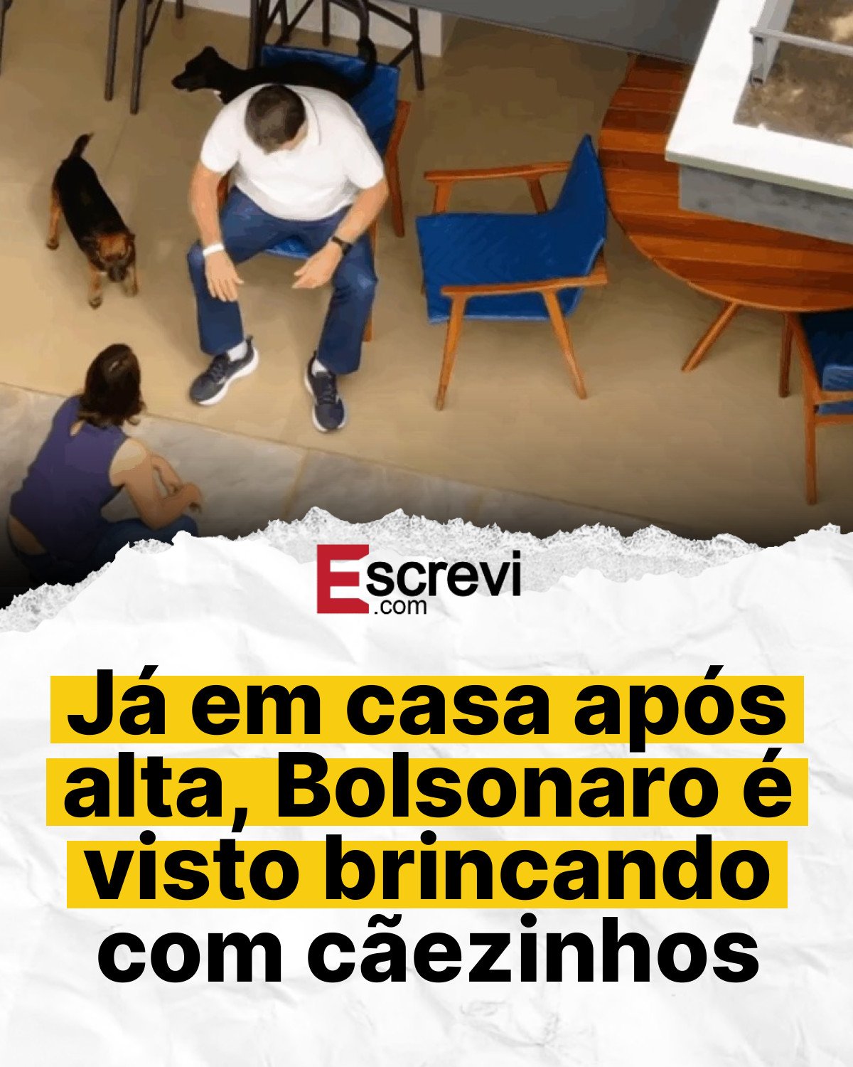 Já em casa após alta, Bolsonaro é visto brincando com cãezinhos card branco