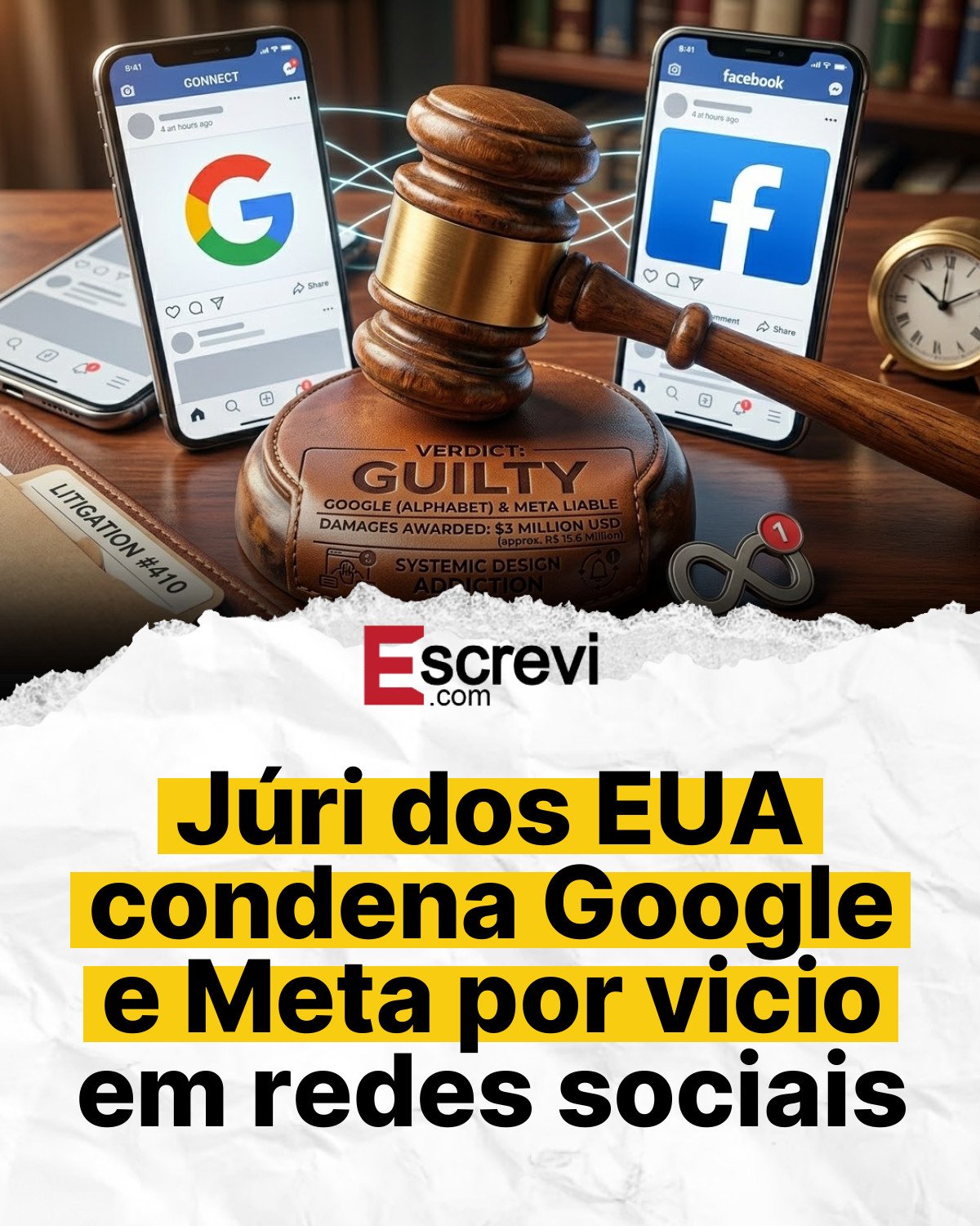 Júri dos EUA condena Google e Meta por vicio em redes sociais card branco