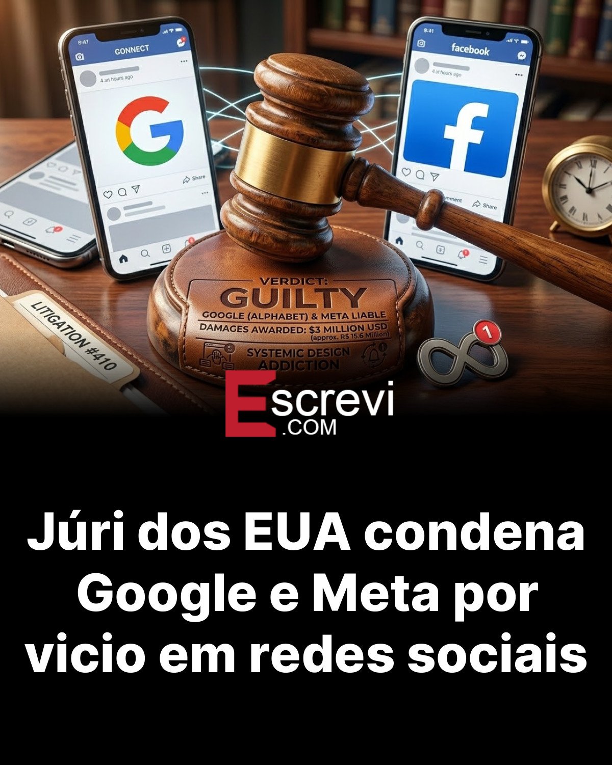 Júri dos EUA condena Google e Meta por vicio em redes sociais card preto