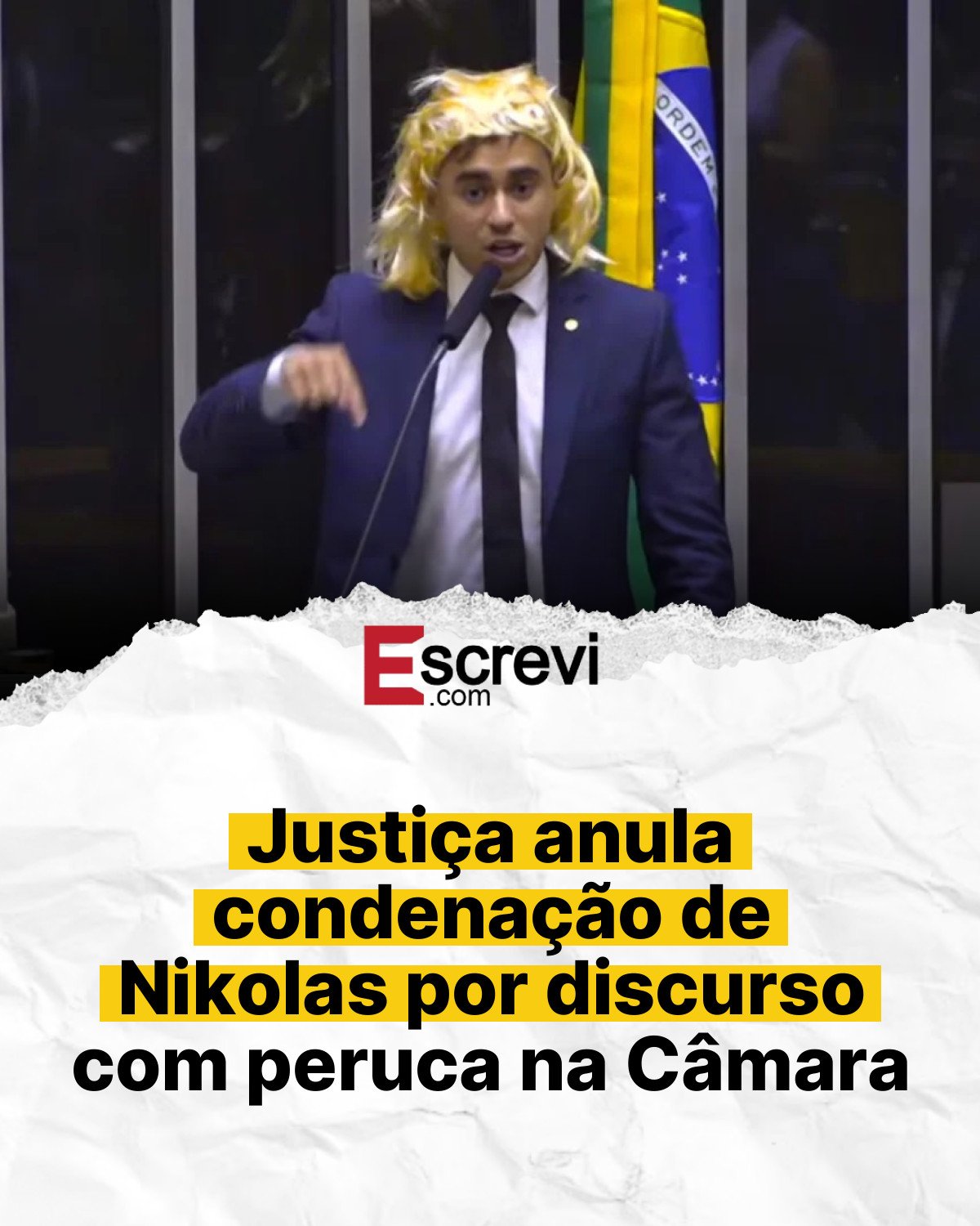 Justiça anula condenação de Nikolas por discurso com peruca na Câmara card branco