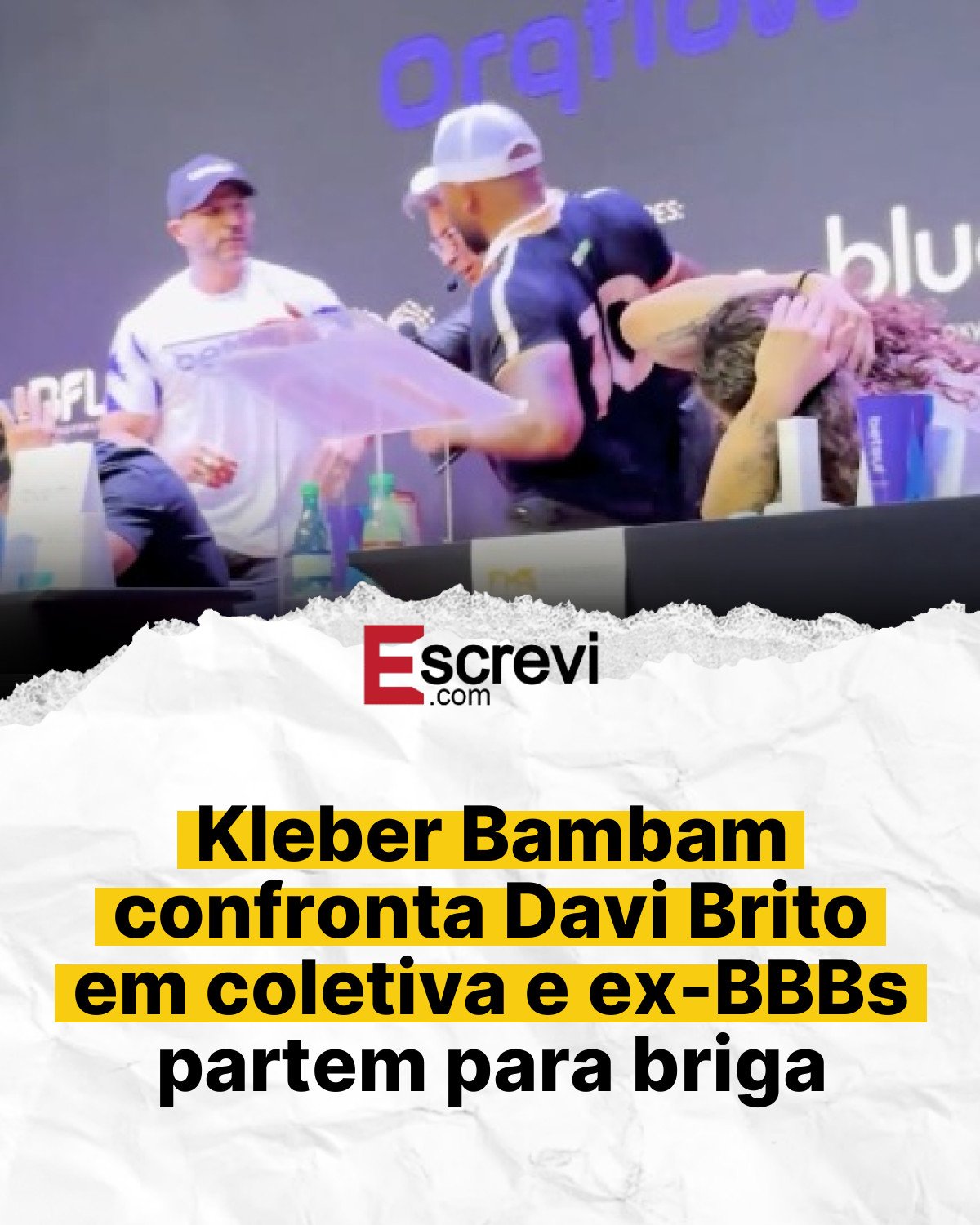 Kleber Bambam confronta Davi Brito em coletiva e ex-BBBs partem para briga card branco