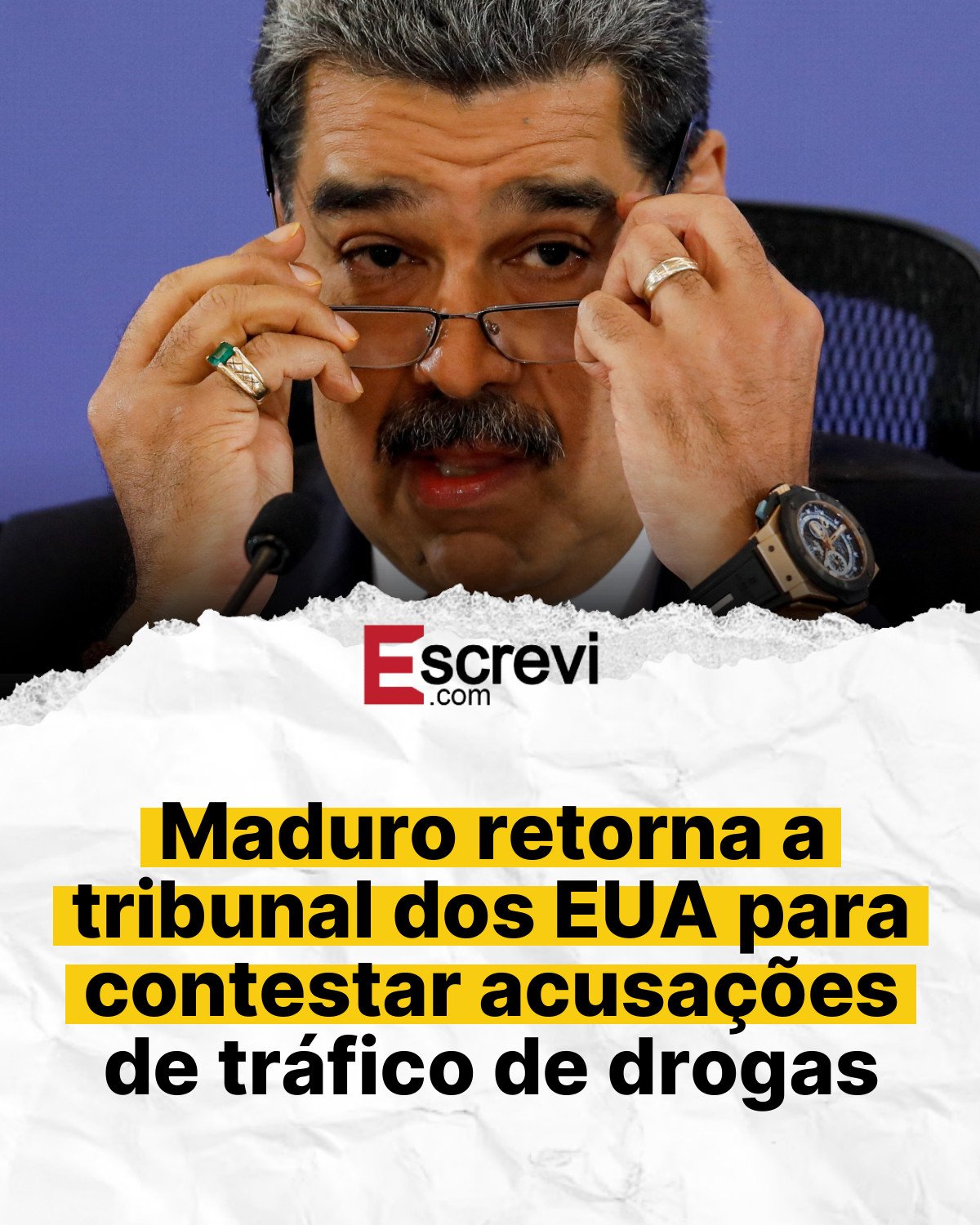 Maduro retorna a tribunal dos EUA para contestar acusações de tráfico de drogas card branco