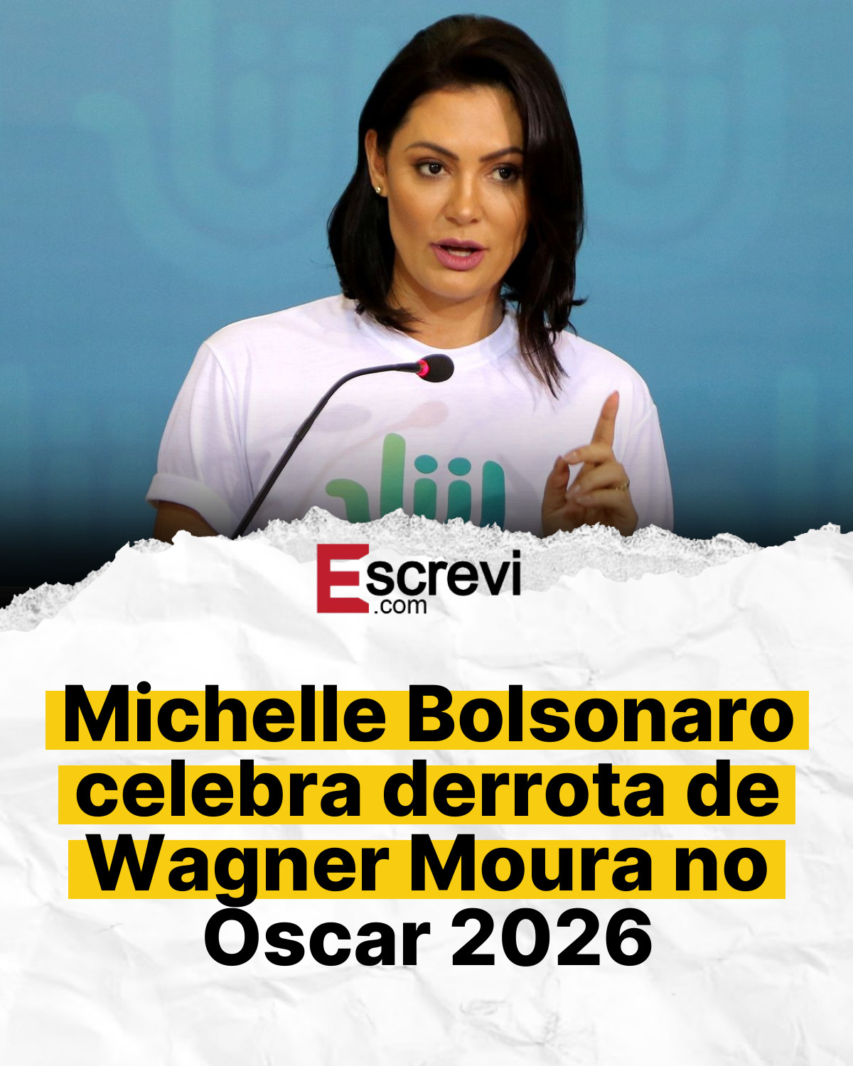 Michelle Bolsonaro celebra derrota de Wagner Moura no Oscar 2026 card branco