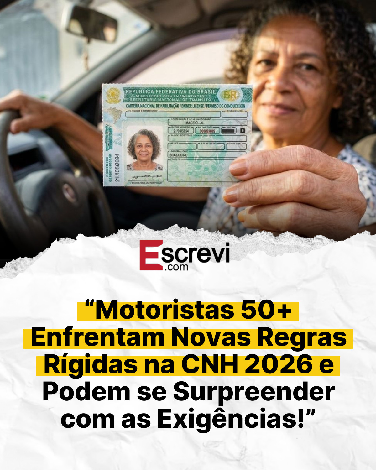 “Motoristas 50+ Enfrentam Novas Regras Rígidas na CNH 2026 e Podem se Surpreender com as Exigências!” card branco