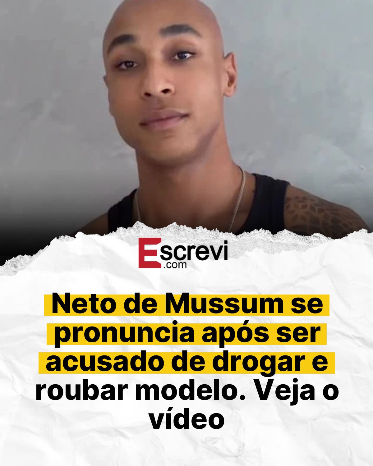 Neto de Mussum se pronuncia após ser acusado de drogar e roubar modelo. Veja o vídeo card branco