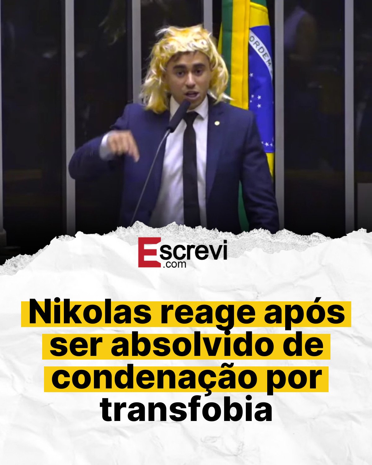 Nikolas reage após ser absolvido de condenação por transfobia card branco
