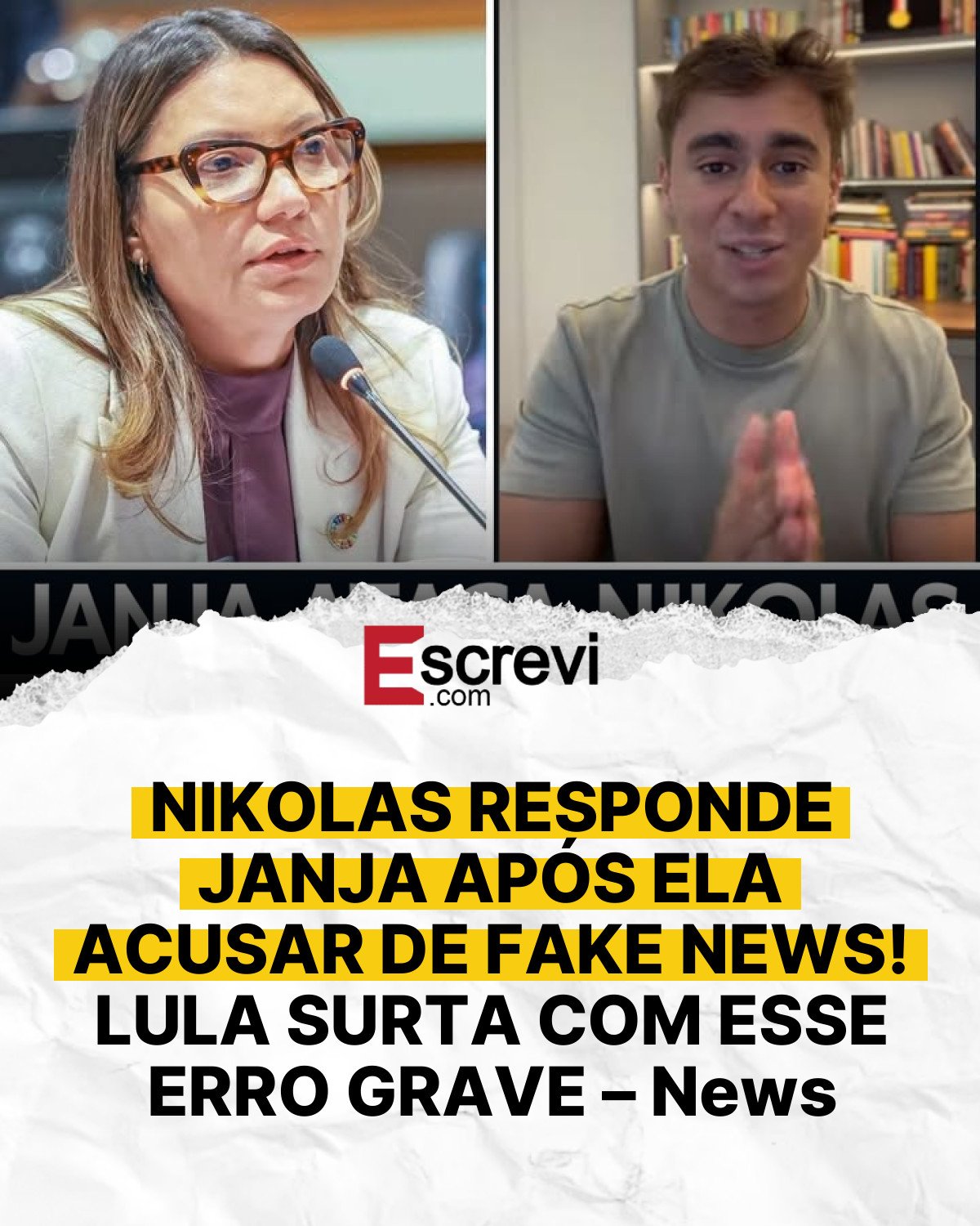 NIKOLAS RESPONDE JANJA APÓS ELA ACUSAR DE FAKE NEWS! LULA SURTA COM ESSE ERRO GRAVE – News card branco
