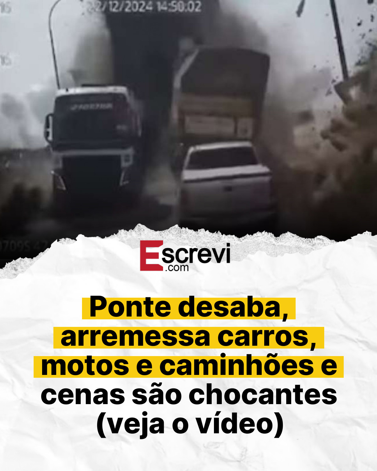 Ponte desaba, arremessa carros, motos e caminhões e cenas são chocantes (veja o vídeo) card branco