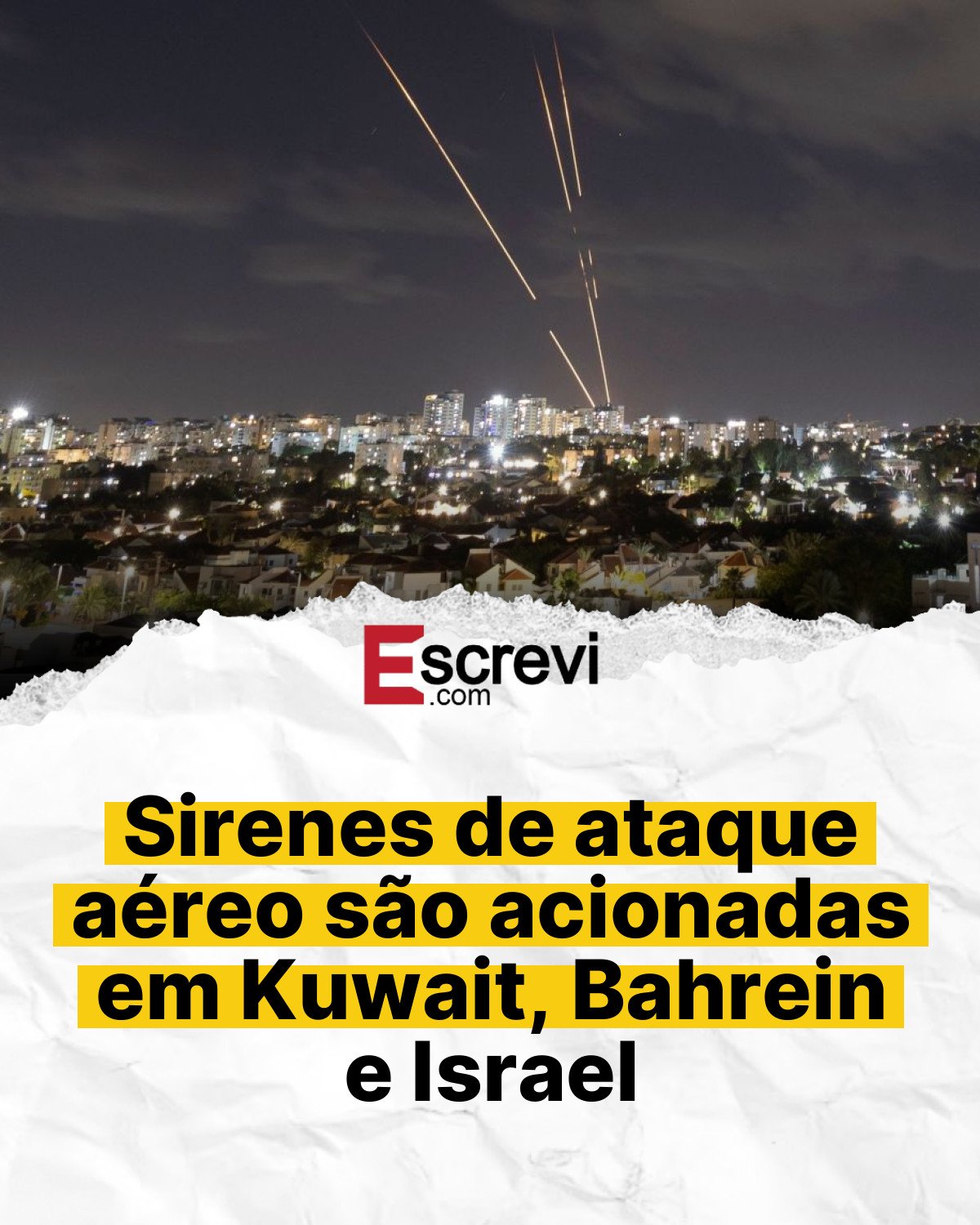 Sirenes de ataque aéreo são acionadas em Kuwait, Bahrein e Israel card branco