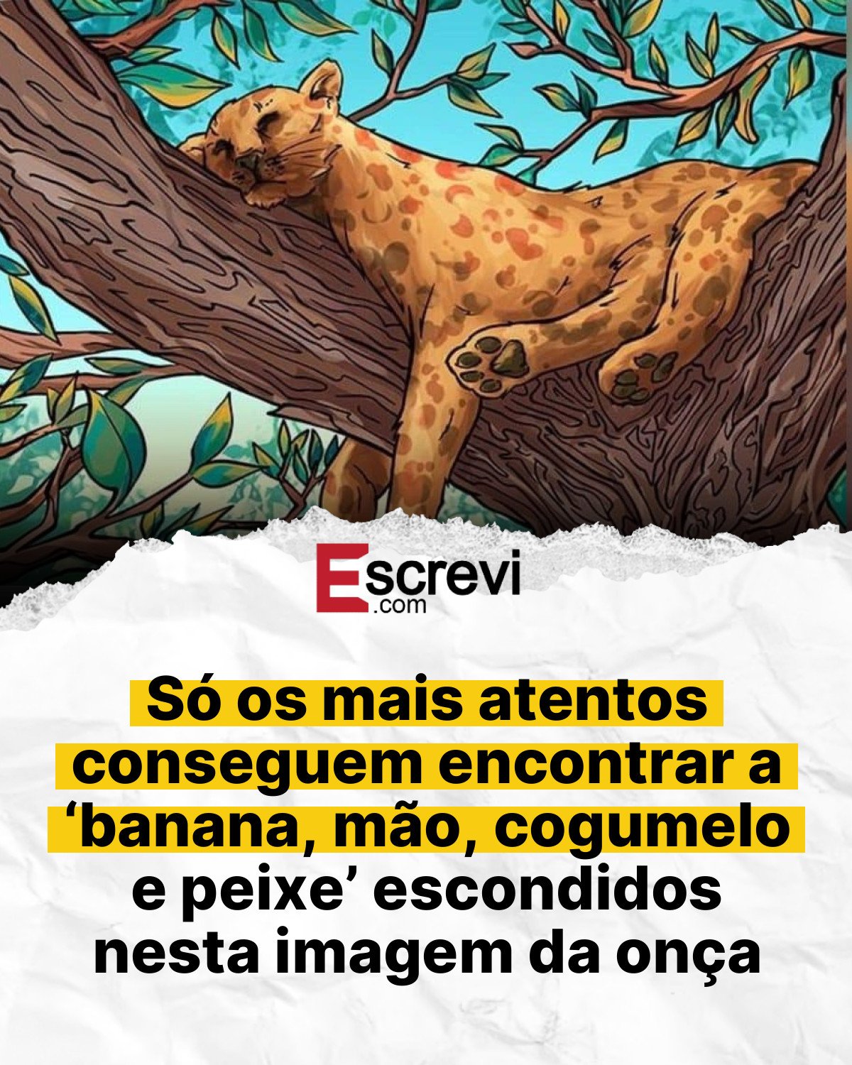 Só os mais atentos conseguem encontrar a ‘banana, mão, cogumelo e peixe’ escondidos nesta imagem da onça card branco