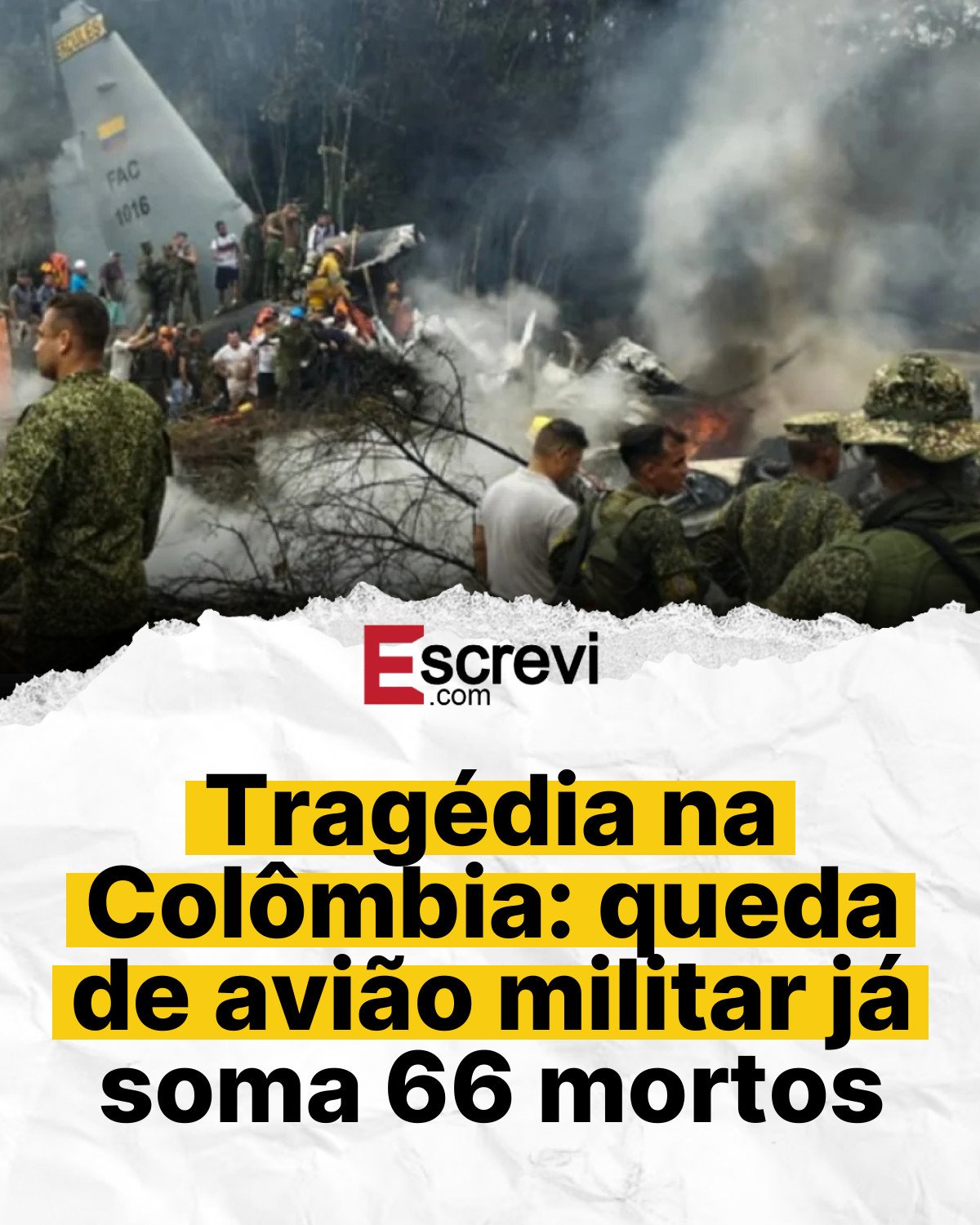 Tragédia na Colômbia: queda de avião militar já soma 66 mortos card branco