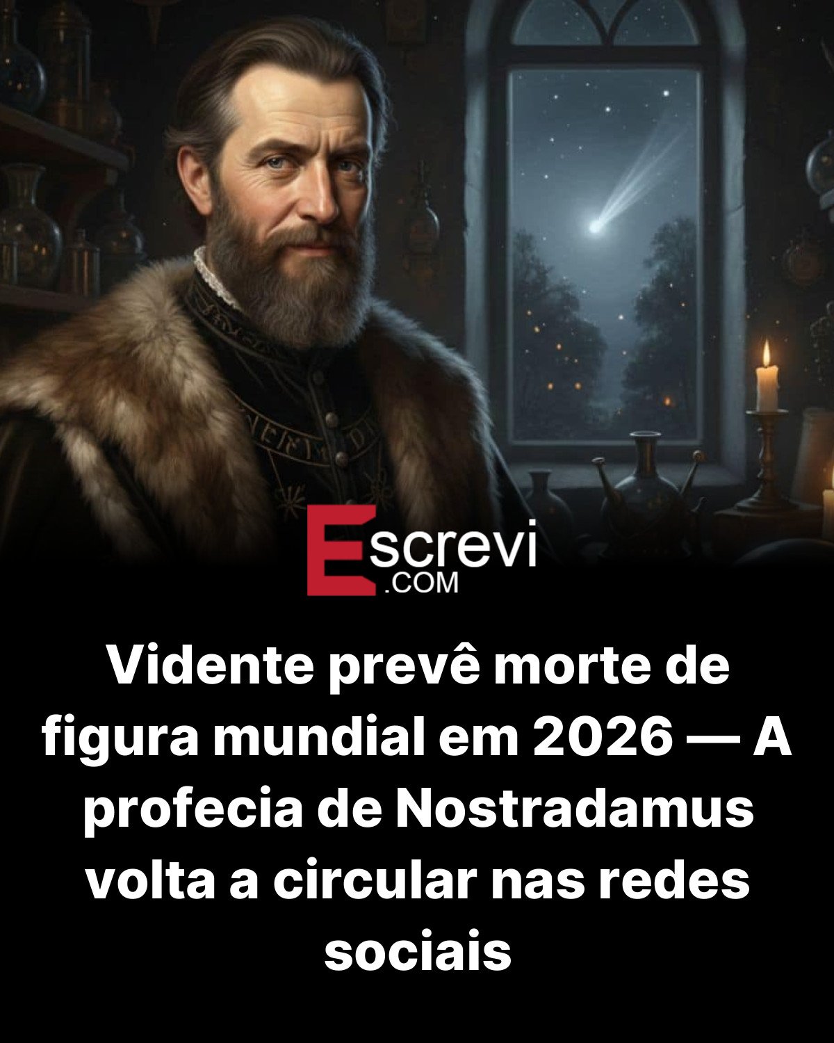 Vidente prevê morte de figura mundial em 2026 — A profecia de Nostradamus volta a circular nas redes sociais card preto