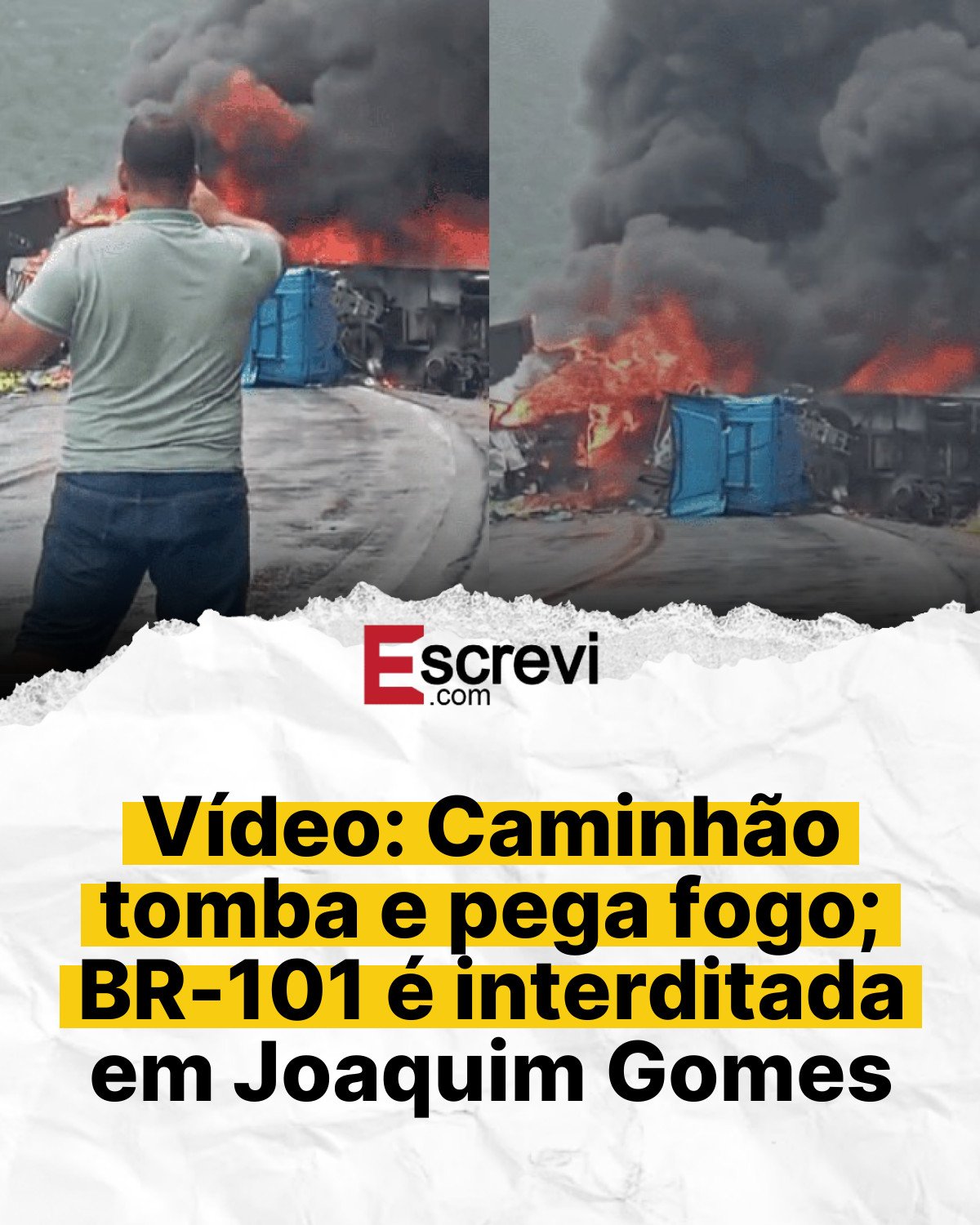 Vídeo: Caminhão tomba e pega fogo; BR-101 é interditada em Joaquim Gomes card branco