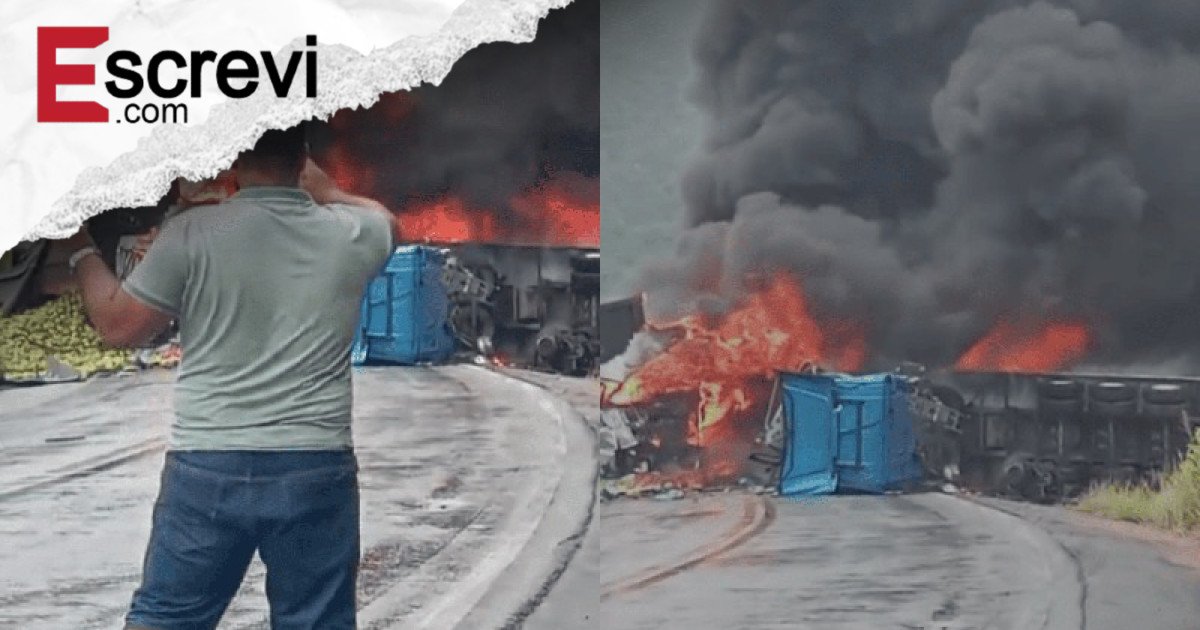 Vídeo: Caminhão tomba e pega fogo; BR-101 é interditada em Joaquim Gomes imagem principal